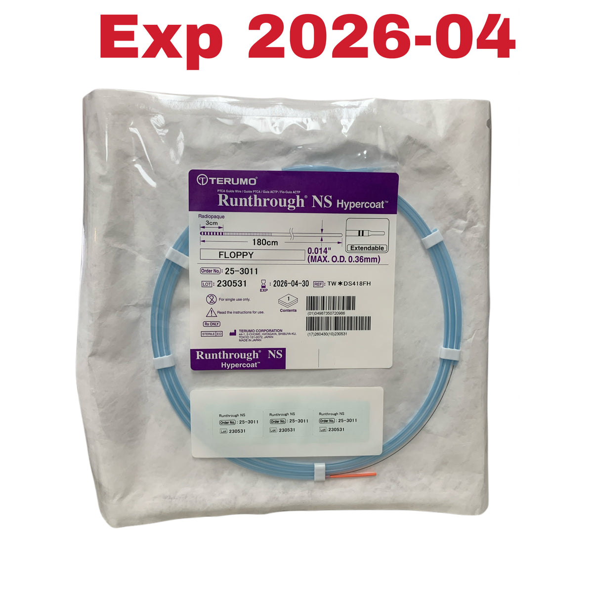TERUMO 25-3011 Runthrough NS Hypercoat PTCA Guide Wire Floppy 0.014" 180cm Exp 2026 04