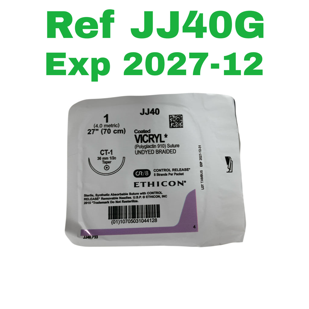 ETHICON REF JJ40G Coated VICRYL (Polyglactin 910) Suture, Size 1, 27" (70 cm), CT-1 Needle, Undyed Braided, Exp.2027/12