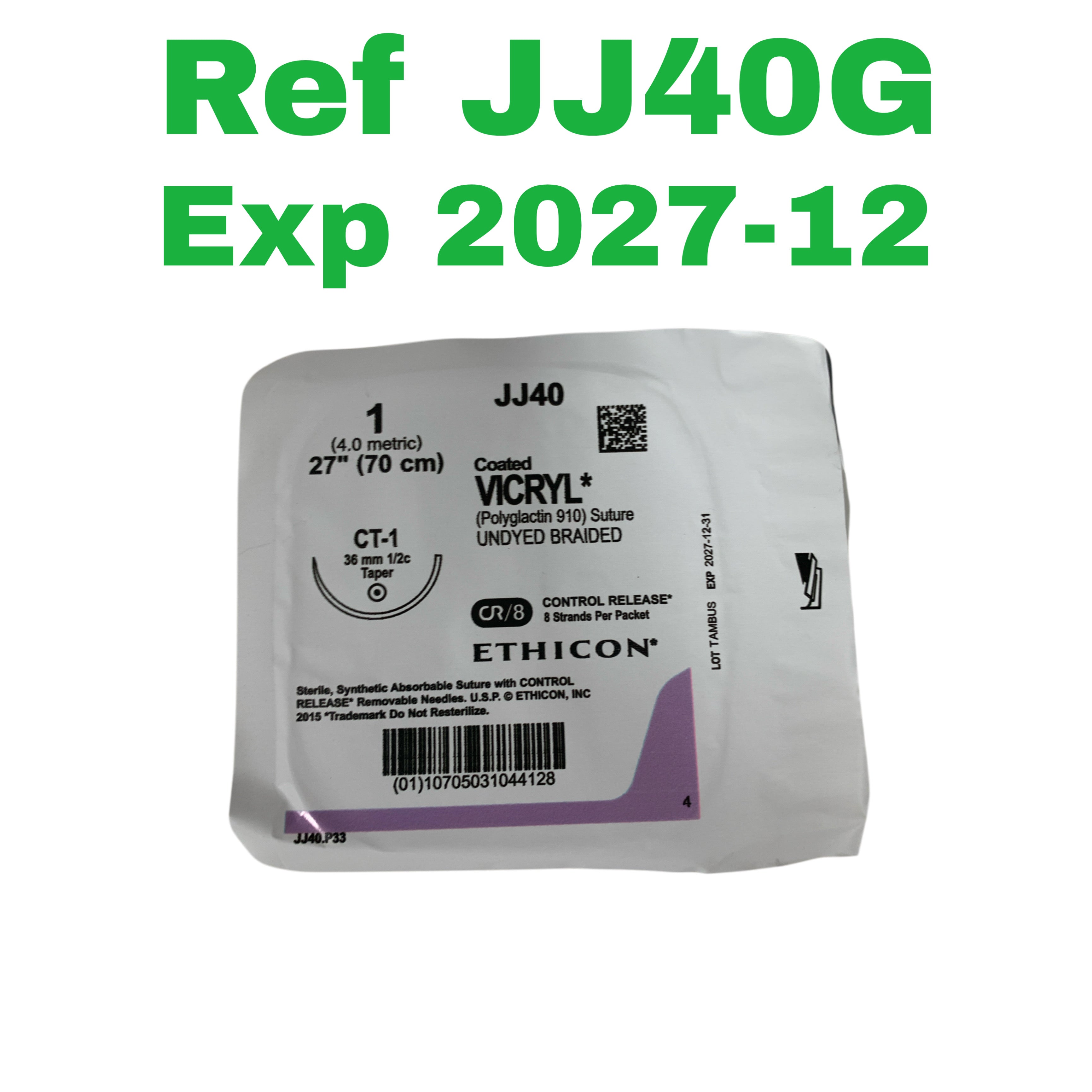 ETHICON REF JJ40G Coated VICRYL (Polyglactin 910) Suture, Size 1, 27" (70 cm), CT-1 Needle, Undyed Braided, Exp.2027/12