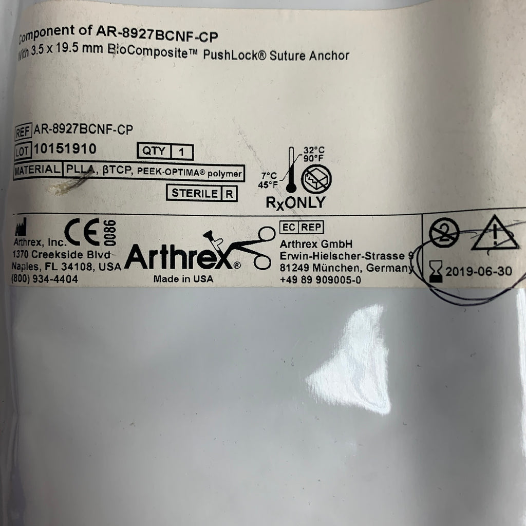 ARTHREX AR-8927BCNF-CP BioComposite PushLock Suture Anchor 3.5 x 19.5 mm EXP 2019 06
