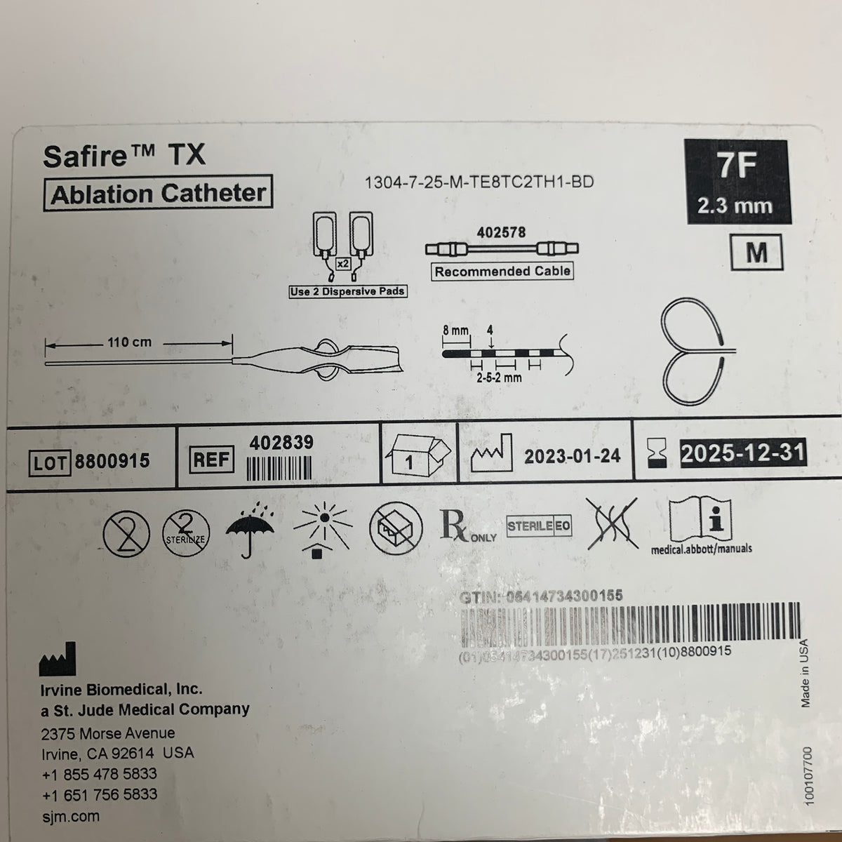 ST JUDE MEDICAL 402839 Safire TX Ablation Catheter 7F 2.3 mm 110 cm EXP 2025 12