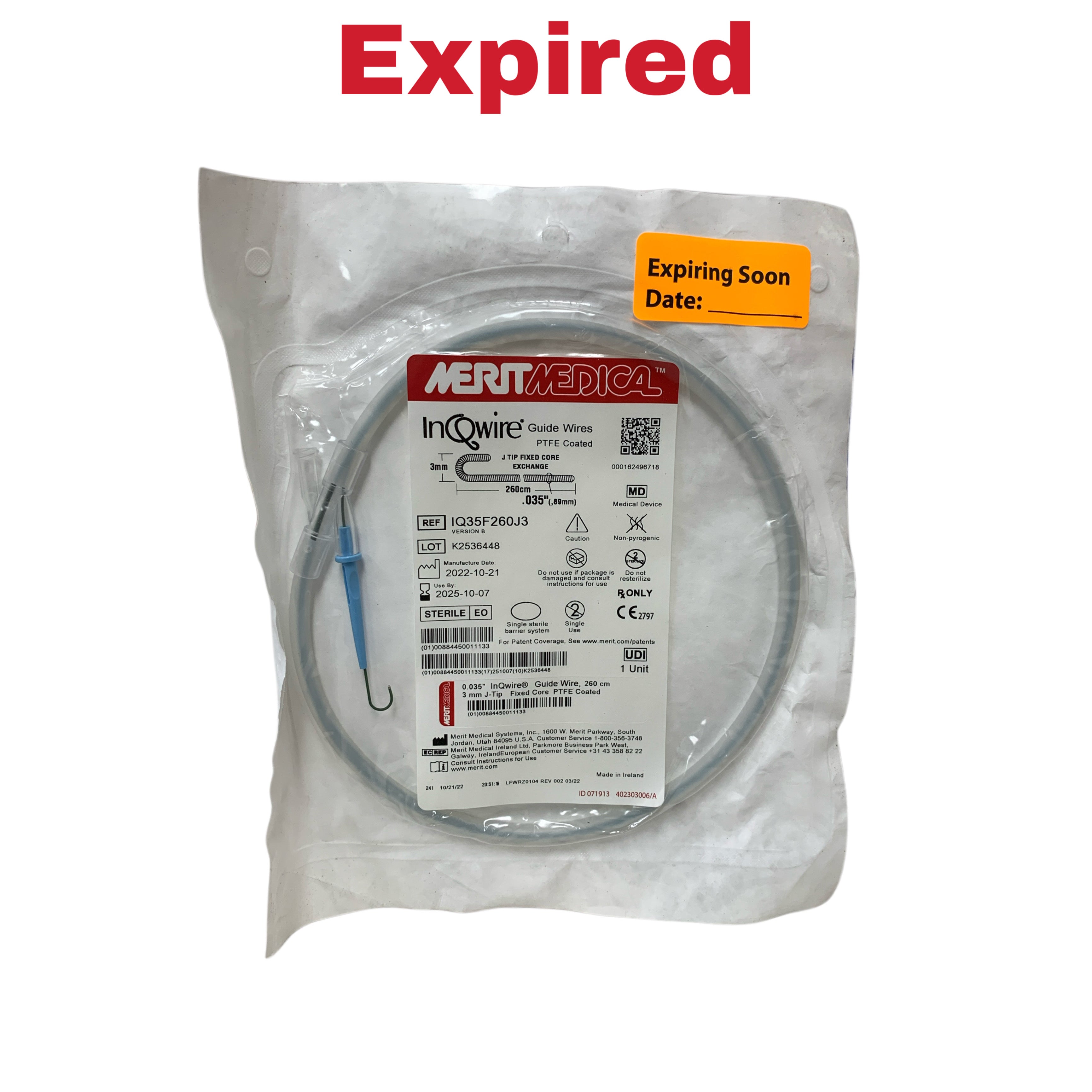 MERIT MEDICAL REF IQ35F260J3 InQwire PTFE Coated Guide Wire 0.035" 260cm 3mm J-Tip Fixed Core, Exp.2025/10