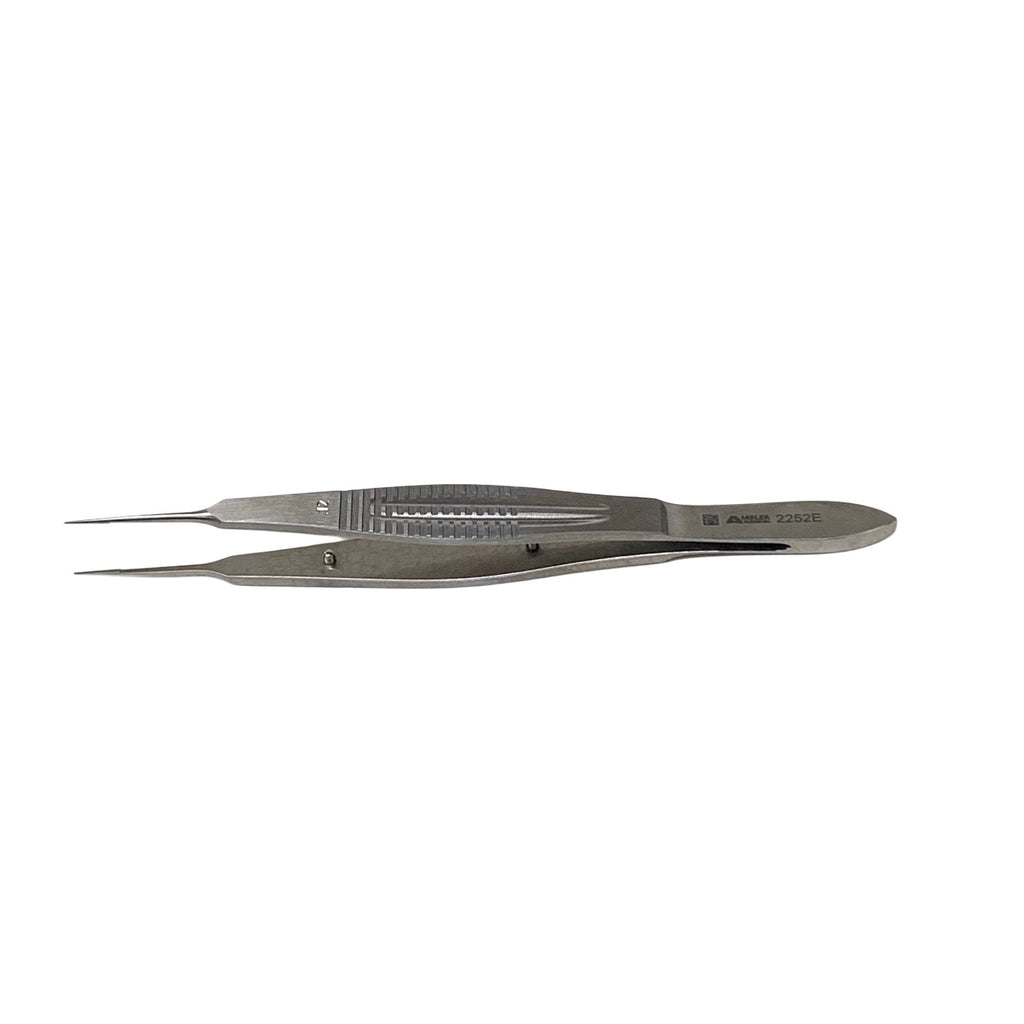 AMBLER REF 2252E Castroviejo suturing forceps 4 3/8'',straight shafts, 0.12mm 1x2 teeth, 5.5mm tying platforms, wide serrated flat handle