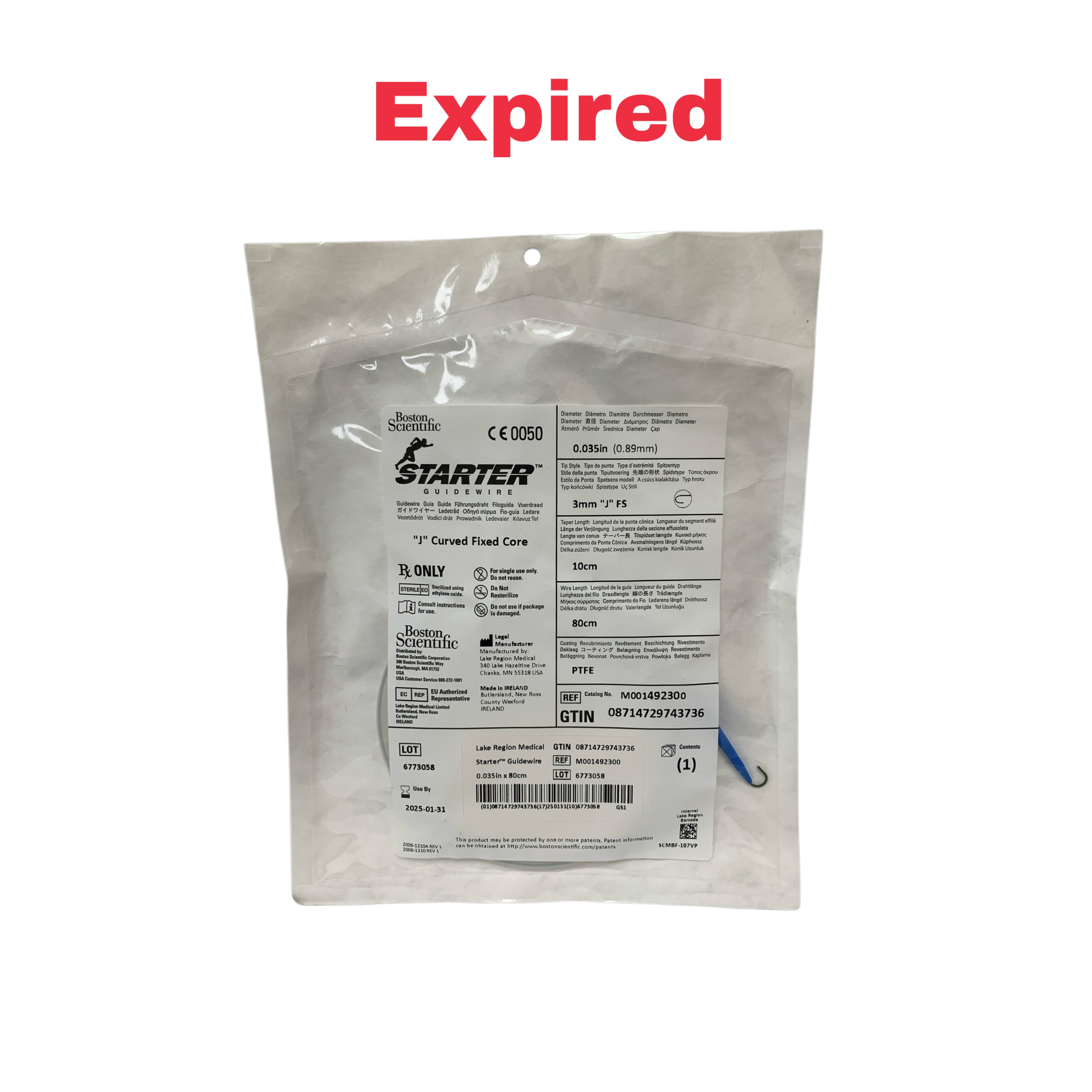 BOSTON SCIENTIFIC REF M001492300 Starter Guidewire "J" Curved Fixed Core 0.035in x 80cm, Exp.2025/01