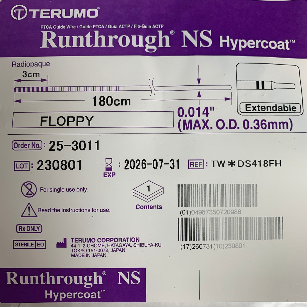 TERUMO 25-3011  Runthrough NS Hypercoat PTCA Guide Wire Floppy 0.014in 180cm EXP 2026 07