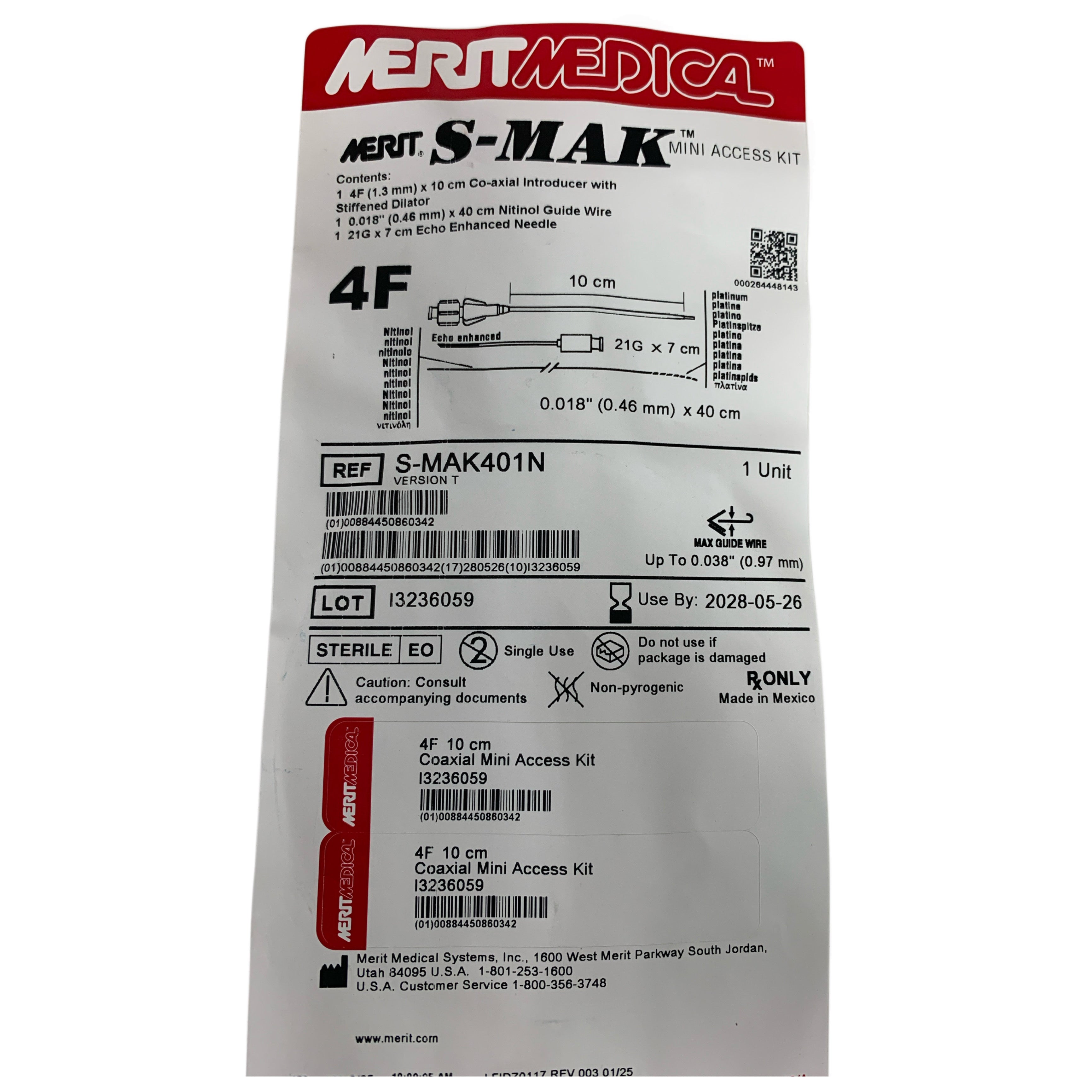 MERIT MEDICAL S-MAK401N S-MAK Mini Access Kit 4F 10cm Co-axial Introducer Nitinol Guide Wire Exp 2028 05