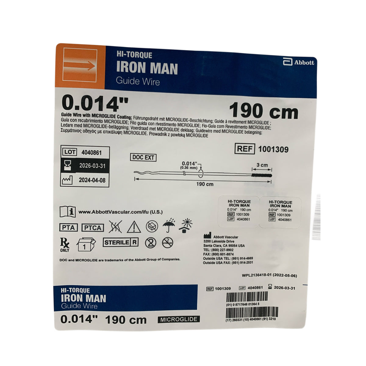 ABBOTT 1001309 HI-TORQUE IRON MAN Guide Wire 0.014" 190 cm Microglide Exp 2026 03