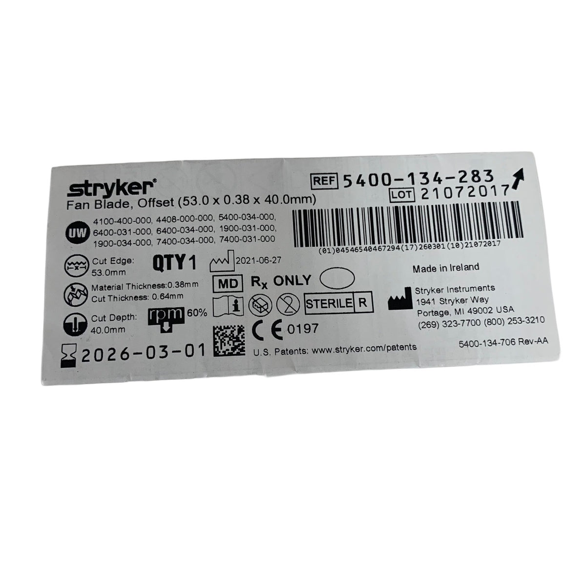 STRYKER 5400-134-283 Fan Blade Offset 53.0 x 0.38 x 40.0mm Exp 2026 03