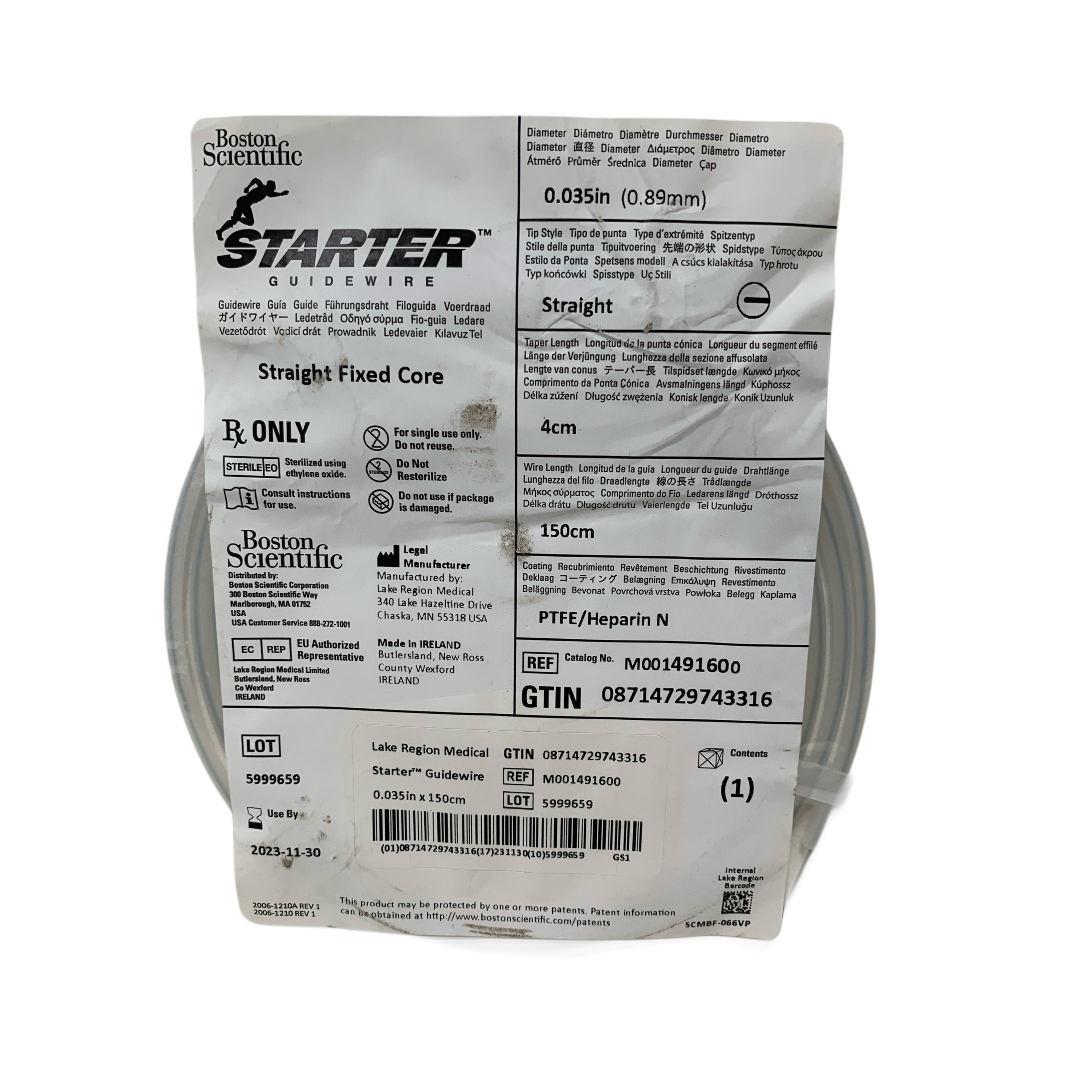 BOSTON SCIENTIFIC REF M001491600 Starter Guidewire Straight Fixed Core 0.035in x 150cm, Exp.2023/11