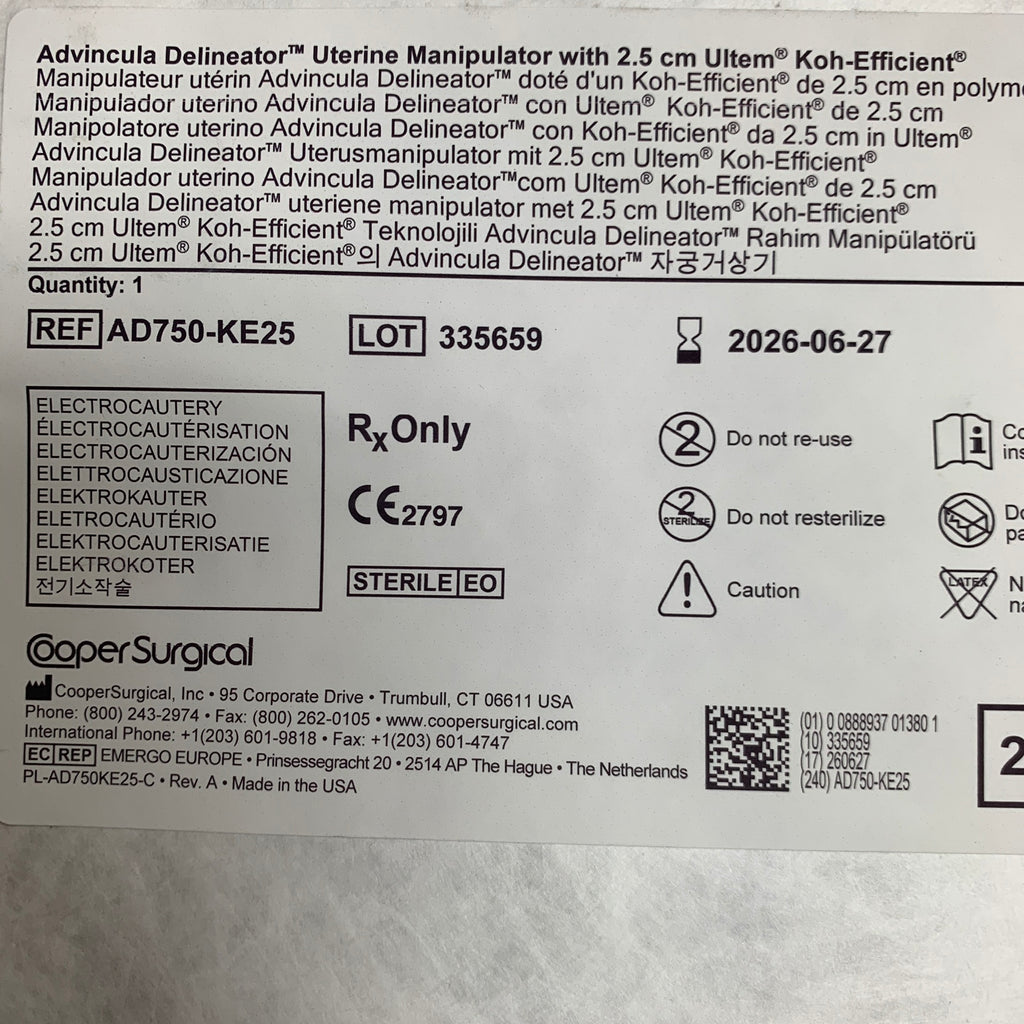 COOPER SURGICAL AD750-KE25 Advincula Delineator Uterine Manipulator 2.5 cm Ultem Koh-Efficient EXP 2026 06