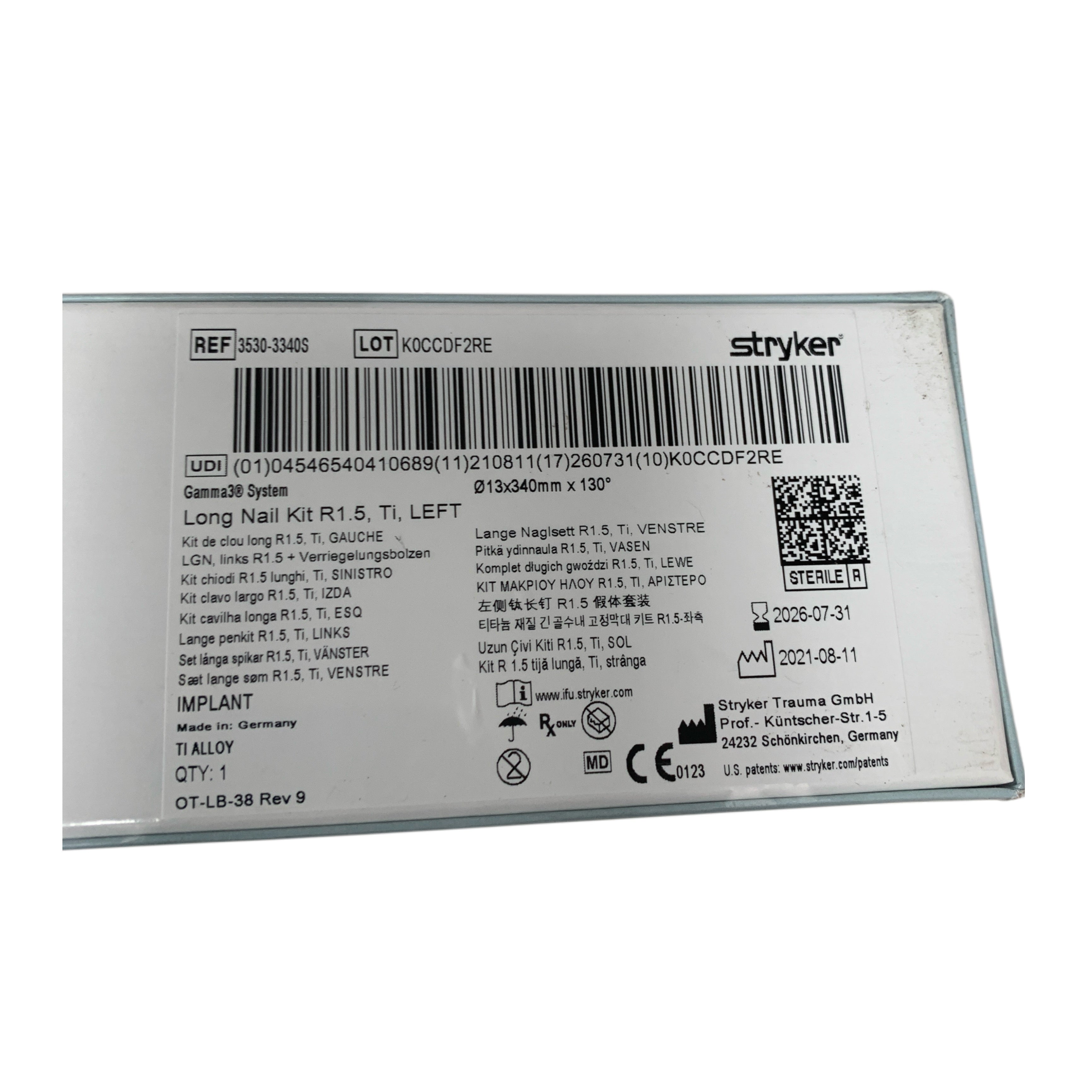 STRYKER 3530-3340S Gamma3 System Long Nail Kit R1.5 Ti Left 13x340mm x 130° Exp 2026 07
