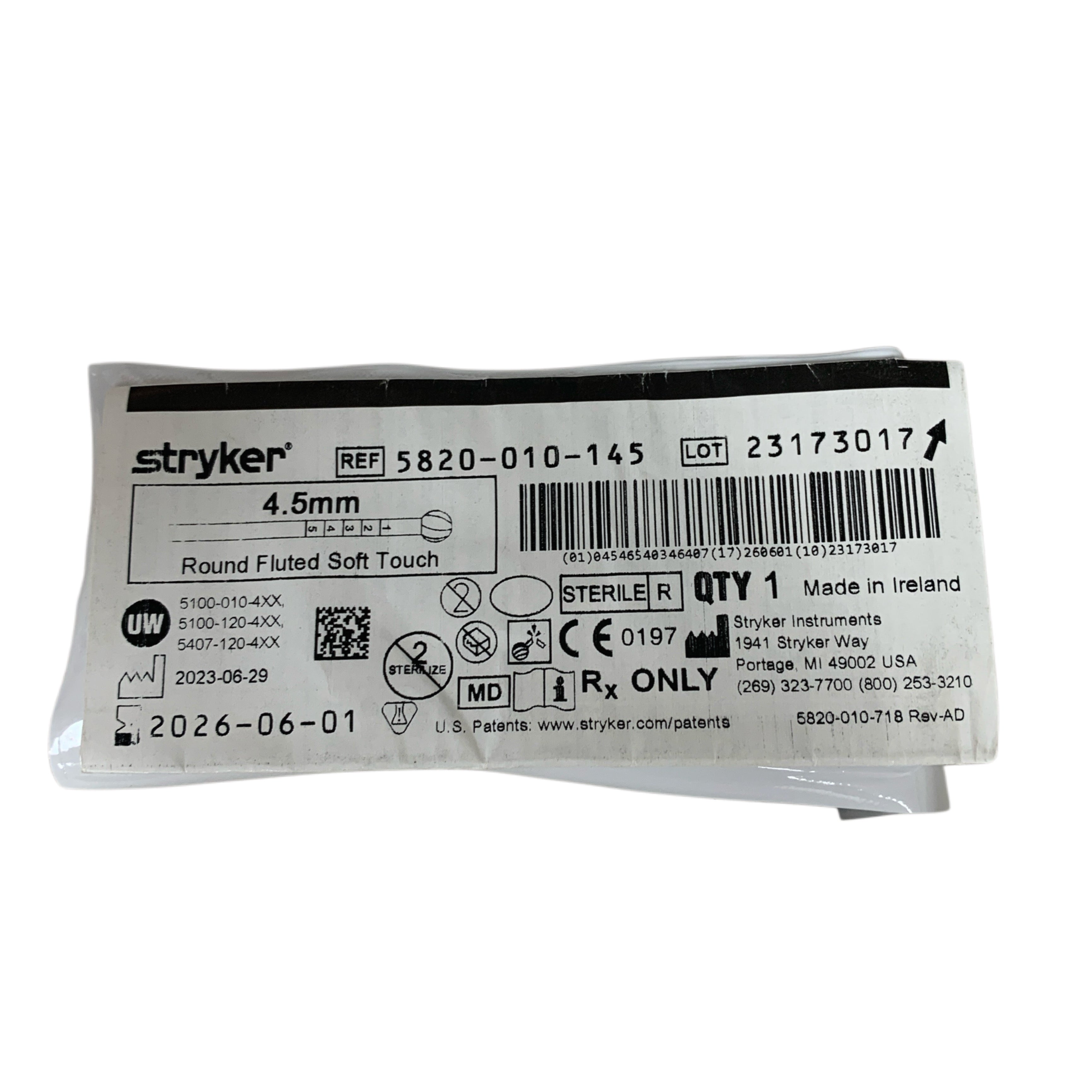 STRYKER 5820-010-145 4.5mm Round Fluted Soft Touch Exp 2026 06