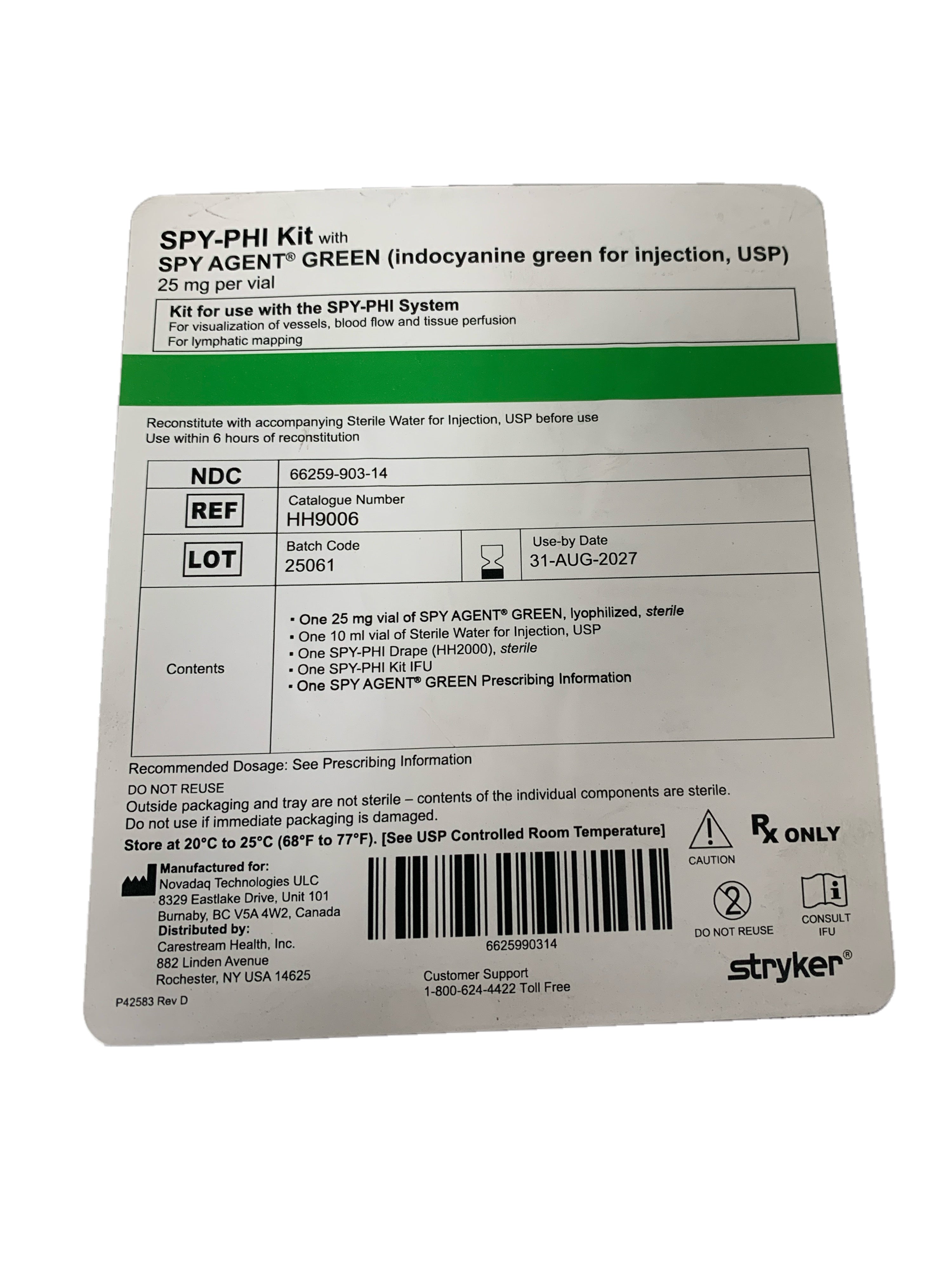 STRYKER REF HH9006 SPY-PHI Kit with SPY AGENT GREEN 25mg, Exp.2027/08