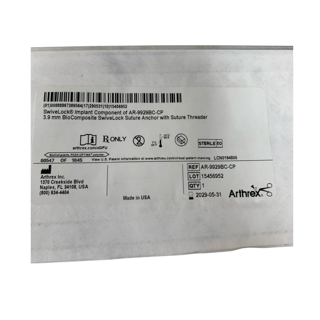 ARTHREX REF AR-9929BC-CP 3.9 mm BioComposite SwivelLock Suture Anchor with Suture Threader, Exp.2029/05