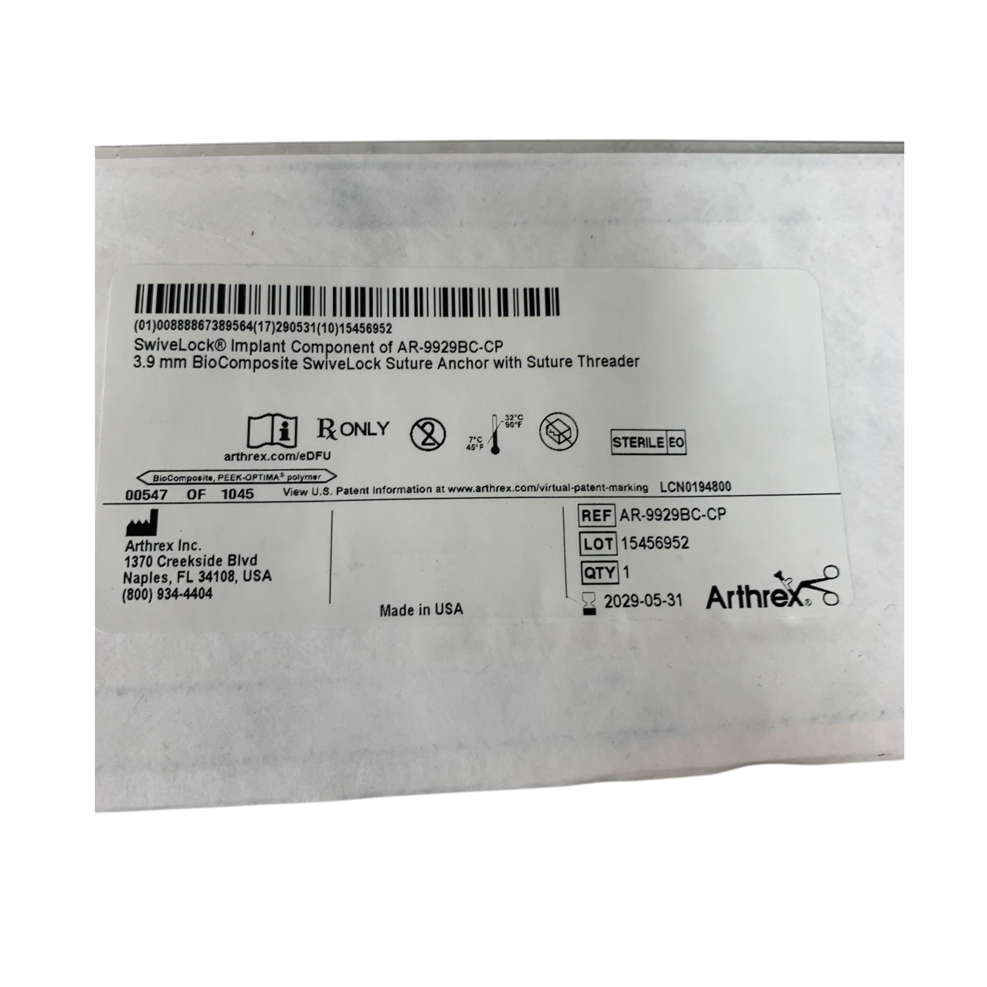 ARTHREX REF AR-9929BC-CP 3.9 mm BioComposite SwivelLock Suture Anchor with Suture Threader, Exp.2029/05