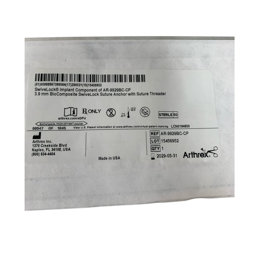 ARTHREX REF AR-9929BC-CP 3.9 mm BioComposite SwivelLock Suture Anchor with Suture Threader, Exp.2029/05