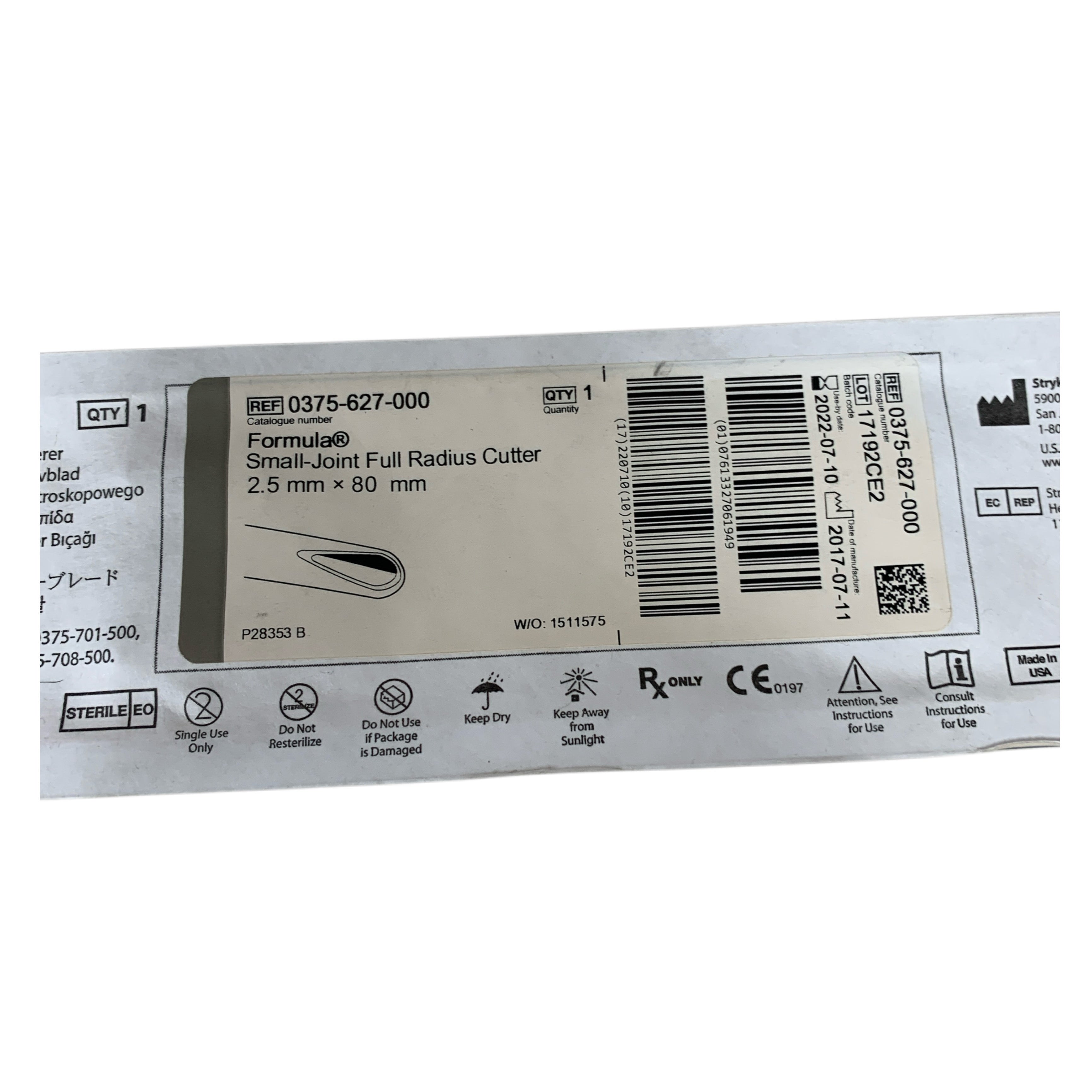 STRYKER REF 0375-627-000 Formula Small Joint Full Radius Cutter 2.5 mm x 80 mm Exp 2022 07