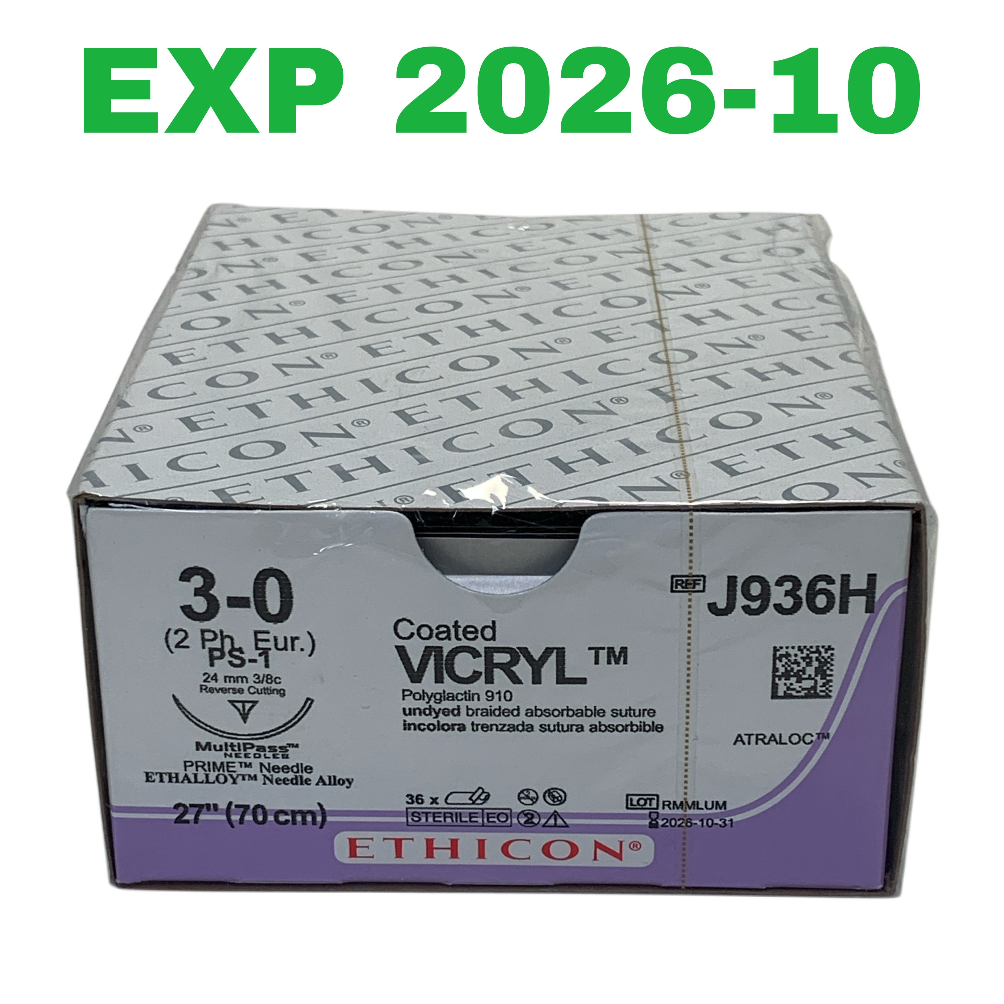 ETHICON REF J936H Coated VICRYL Polyglactin 910 Suture 3-0, PS-1 24mm Needle, 27" (70 cm), Box of 36, Exp.2026/10