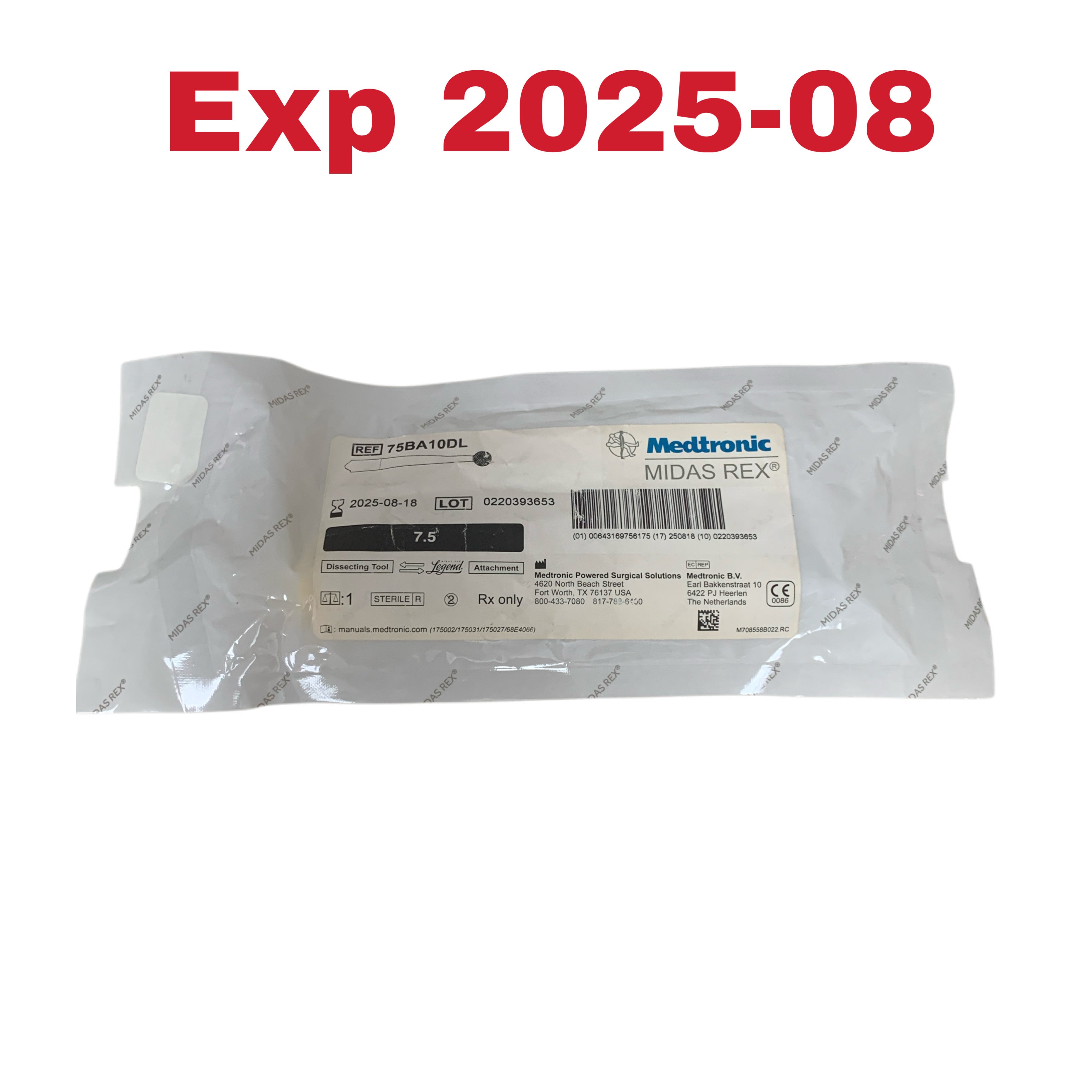 MEDTRONIC MIDAS REX 75BA10DL Legend Dissecting Tool Attachment 7.5 Exp 2025 08
