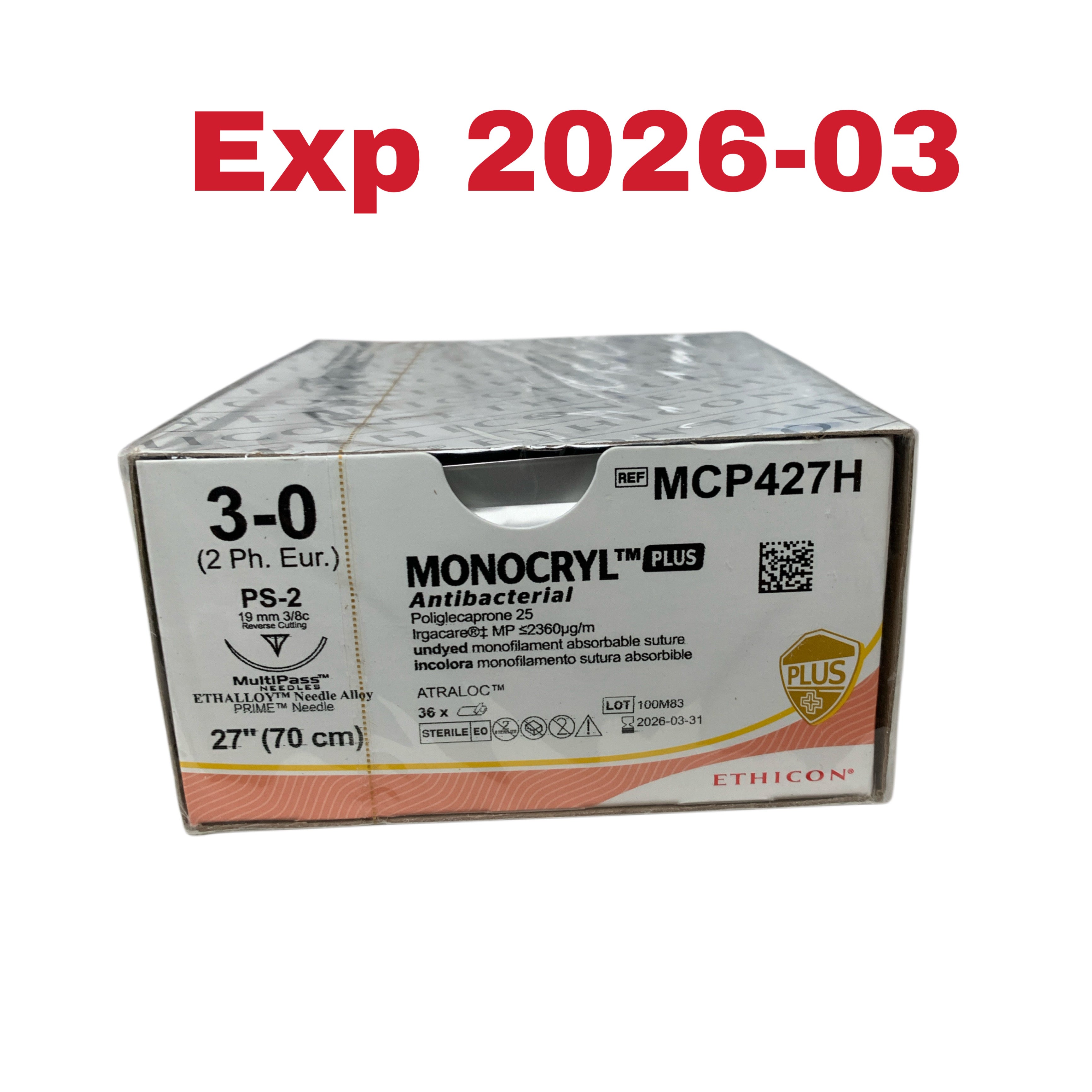 ETHICON REF MCP427H Monocryl Plus Antibacterial Suture 3-0 PS-2 27" Box of 36, Exp.2026/03