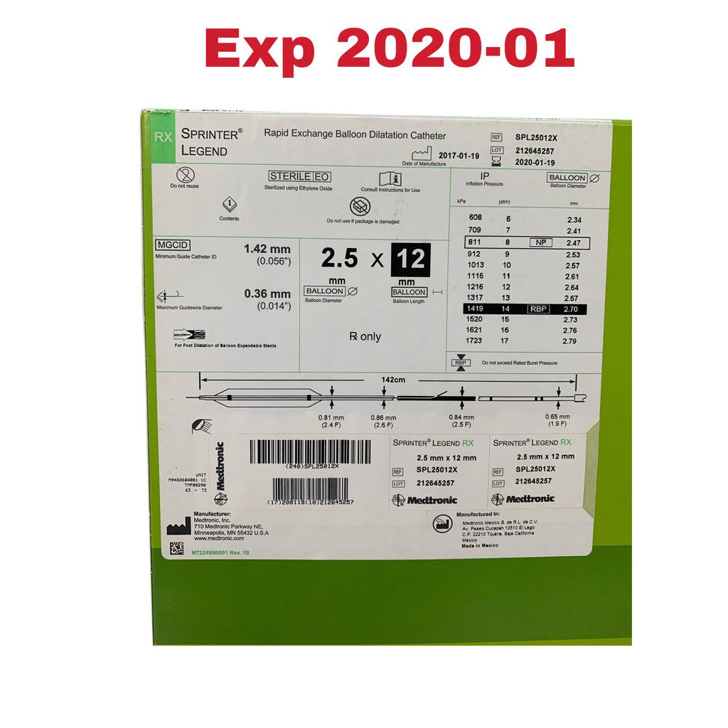 MEDTRONIC SPL25012X Sprinter Legend Rapid Exchange Balloon Dilatation Catheter 2.5 mm x 12 mm Exp 2020 01