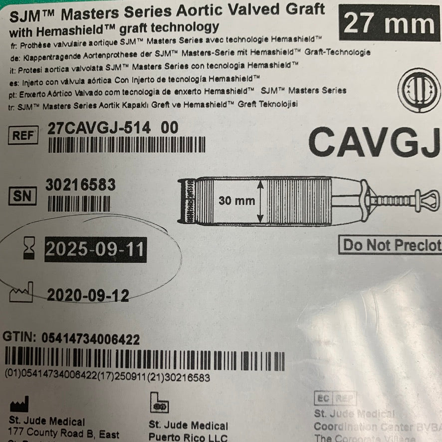 ST JUDE MEDICAL 27CAVGJ-514 00 SJM Masters Series Aortic Valved Graft 27mm EXP 2025 09