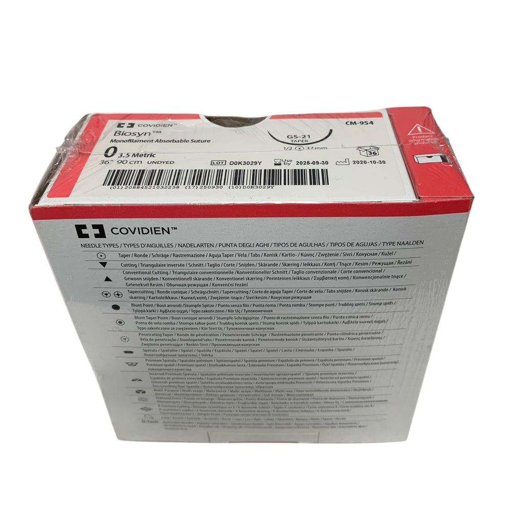 COVIDIEN REF CM-954 Biosyn Monofilament Absorbable Suture 0 3.5 Metric 36" 90 cm GS-21 Taper 37mm Box of 36 Exp 2025 09