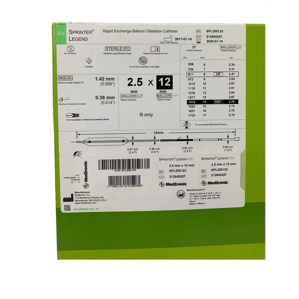 MEDTRONIC SPL25012X Sprinter Legend Rapid Exchange Balloon Dilatation Catheter 2.5 mm x 12 mm Exp 2020 01