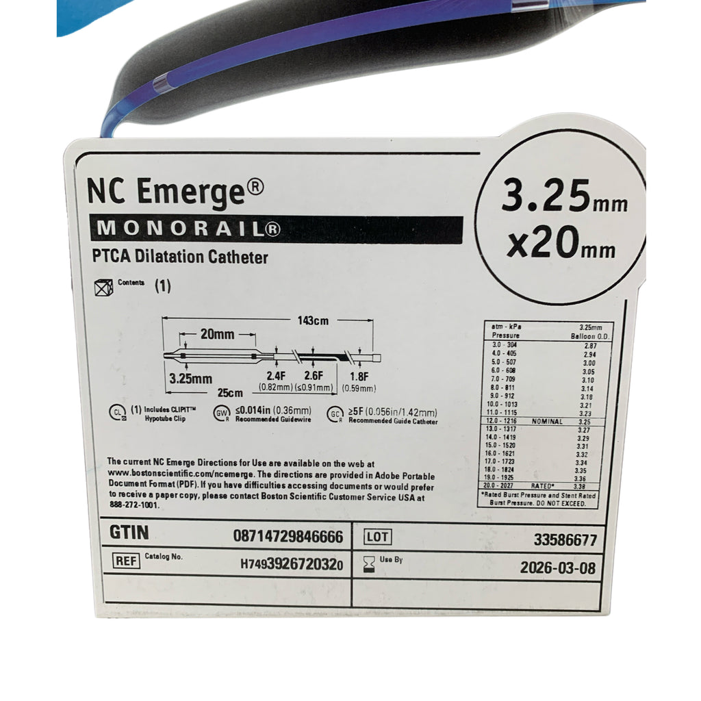 BOSTON SCIENTIFIC REF H7493926720320 NC Emerge MONORAIL PTCA Dilatation Catheter 3.25mm x 20mm Exp 2026 03
