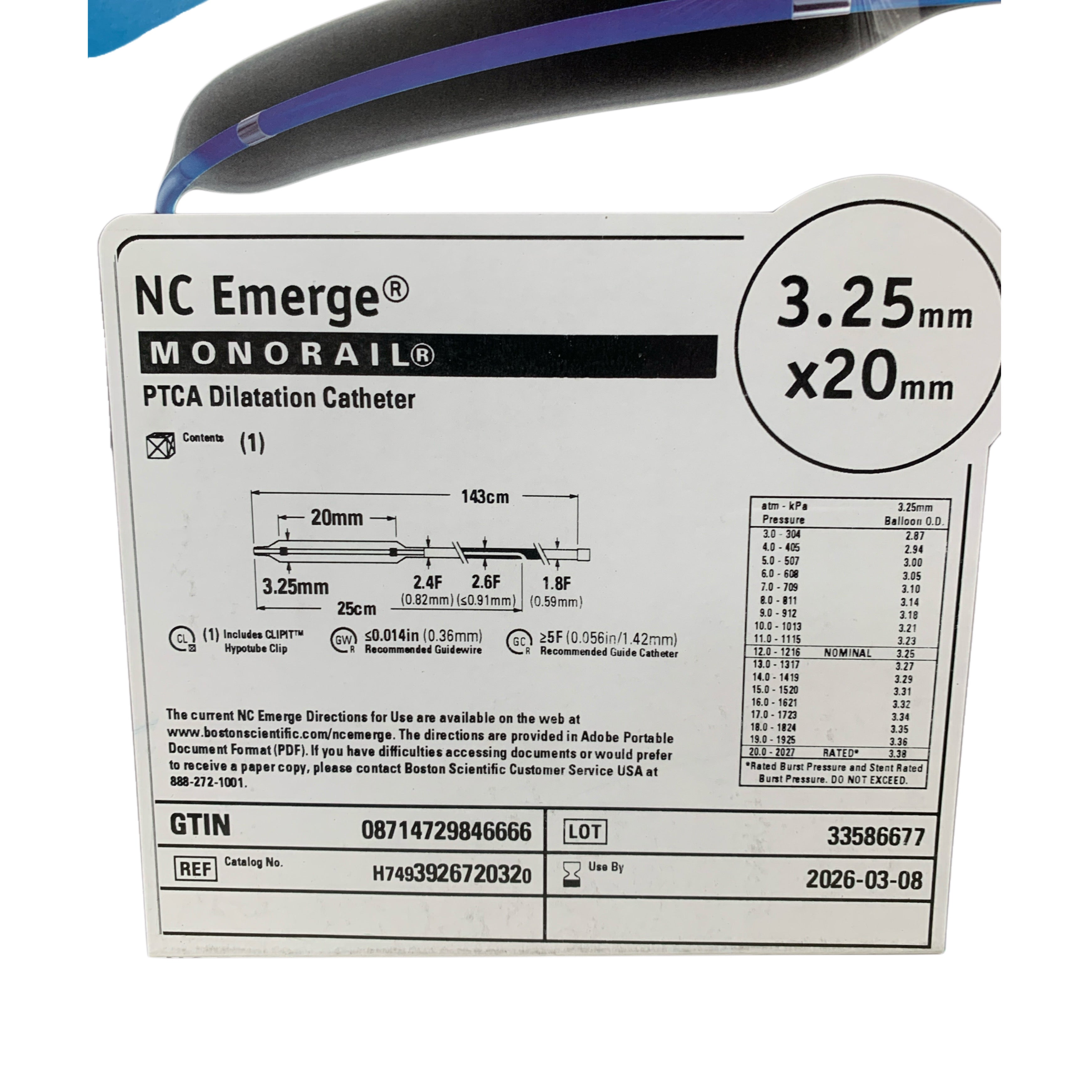 BOSTON SCIENTIFIC REF H7493926720320 NC Emerge MONORAIL PTCA Dilatation Catheter 3.25mm x 20mm Exp 2026 03
