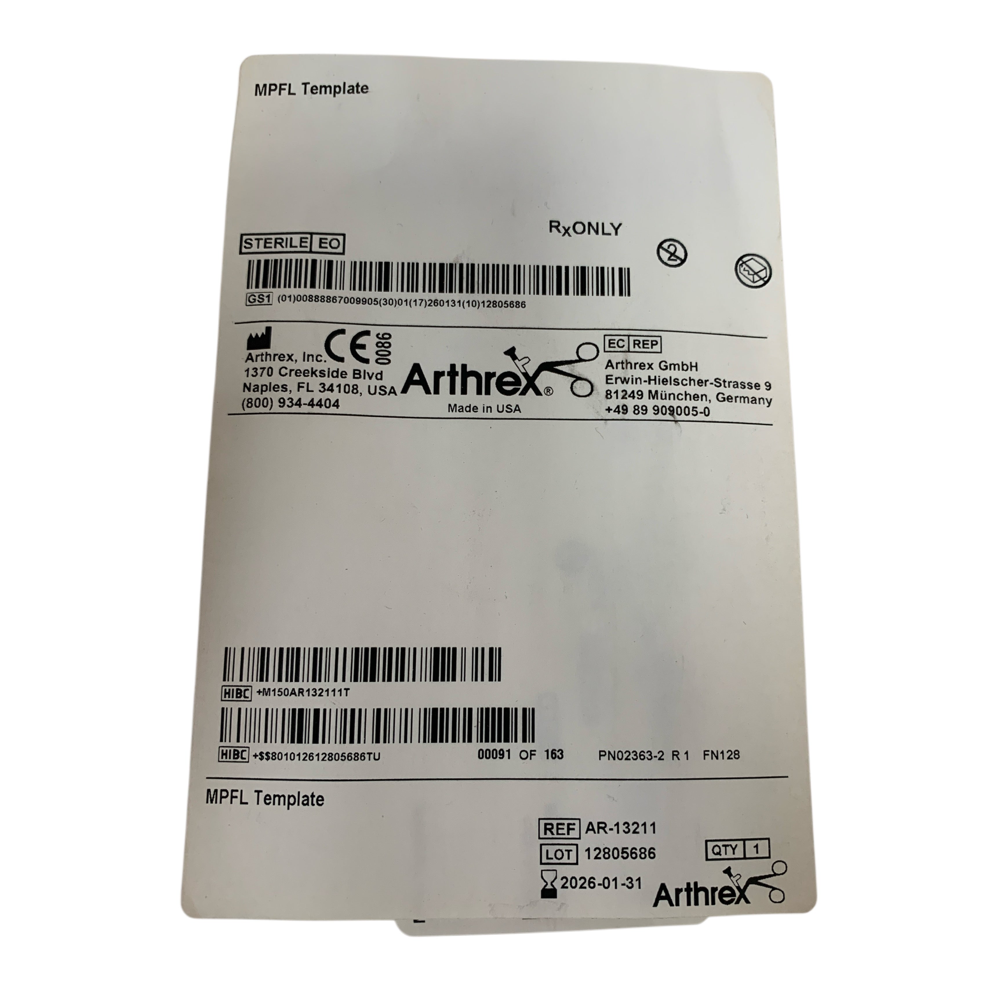 ARTHREX REF AR-13211 MPFL Template, Exp.2026/01
