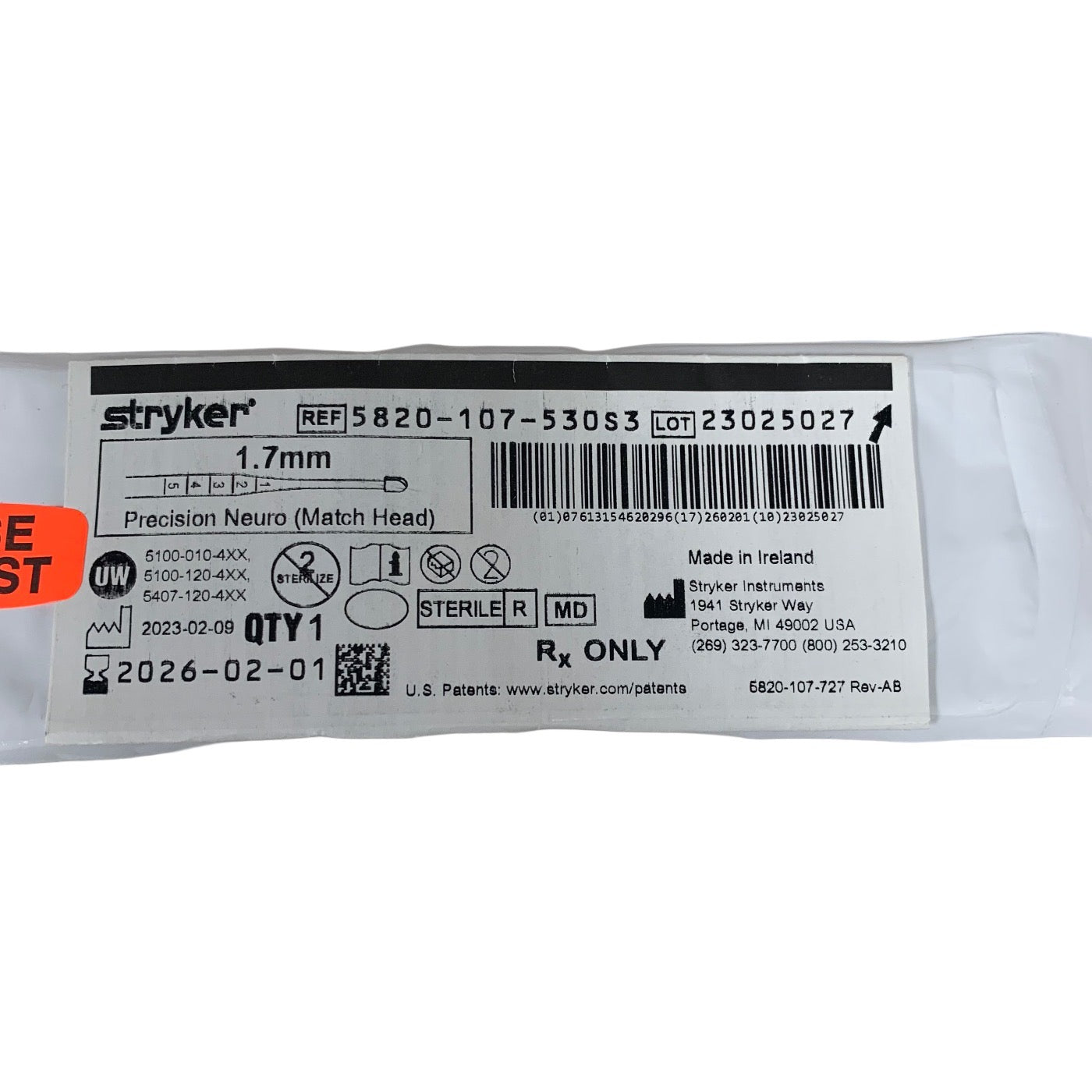 STRYKER 5820-107-530S3 Precision Neuro Match Head 1.7mm Exp 2026 02