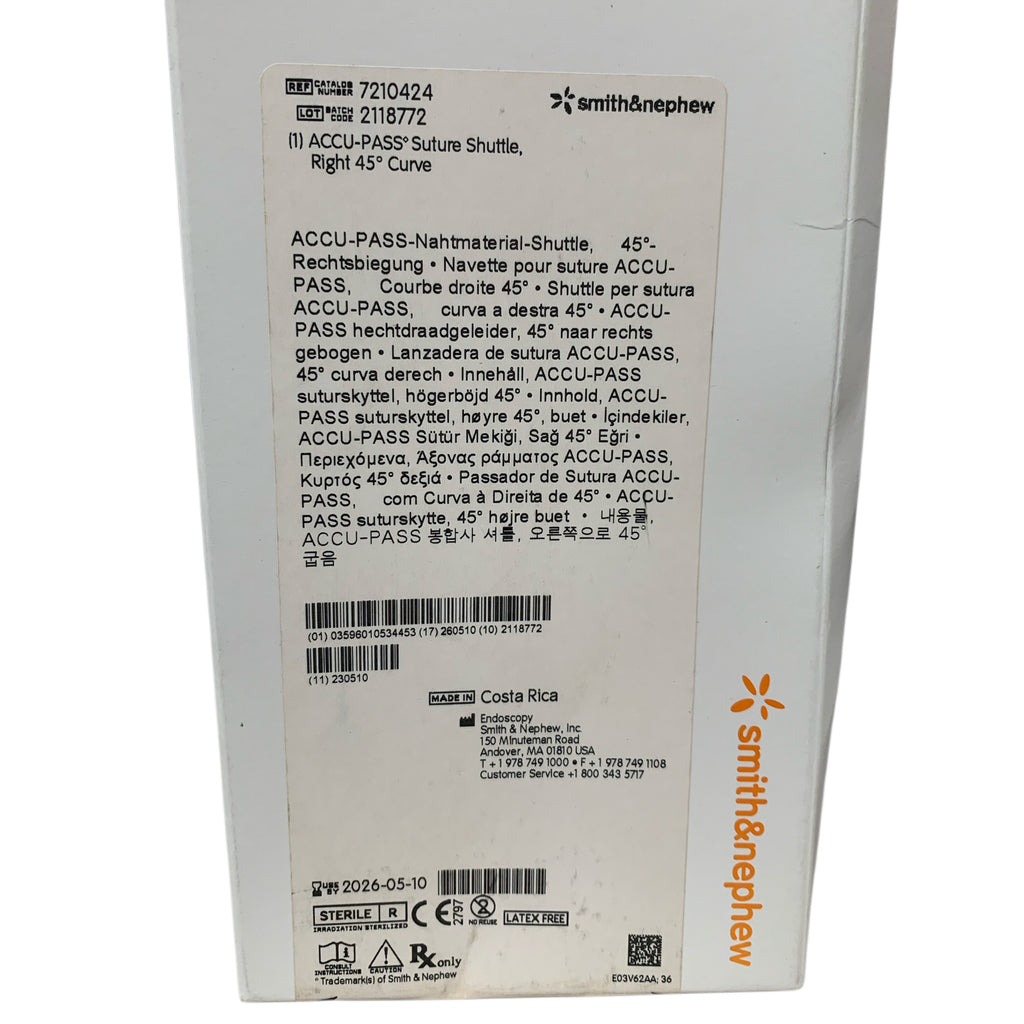 SMITH & NEPHEW 7210424 ACCU PASS Suture Shuttle Right 45 Curve Exp 2026 05