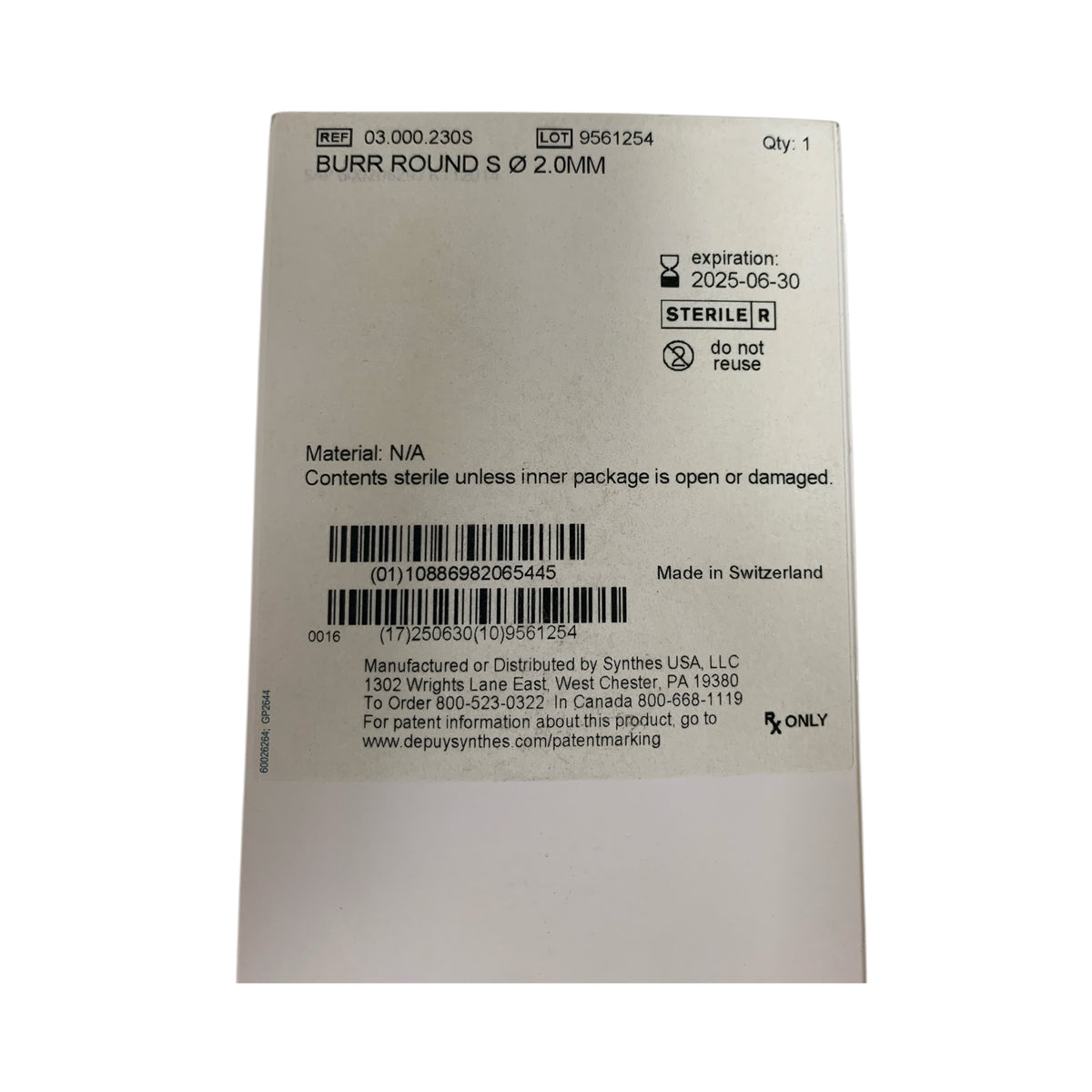 SYNTHES 03.000.230S BURR ROUND S 2.0MM EXP 2025 06