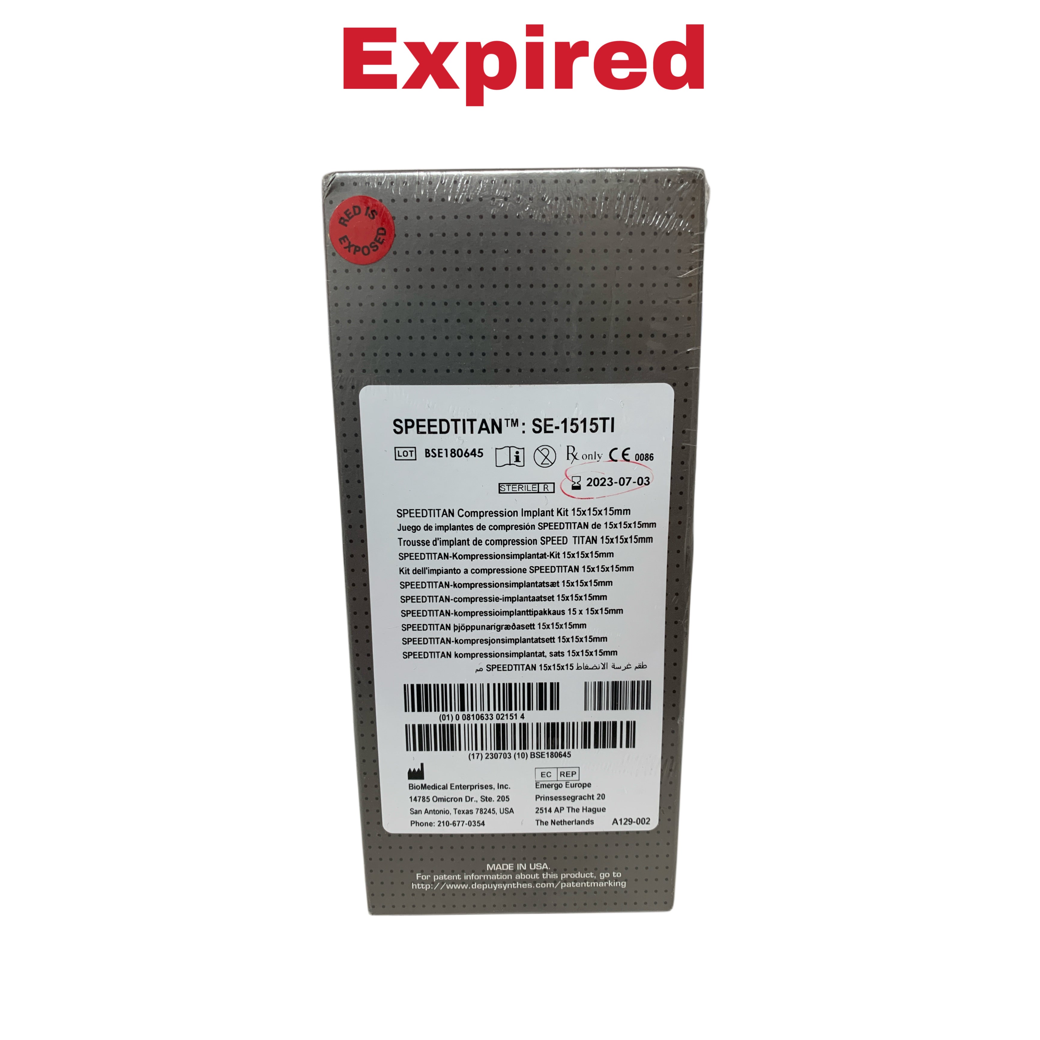 DEPUY SYNTHES REF SE-1515TI SPEEDTITAN Compression Implant Kit 15x15x15mm Exp 2023 07