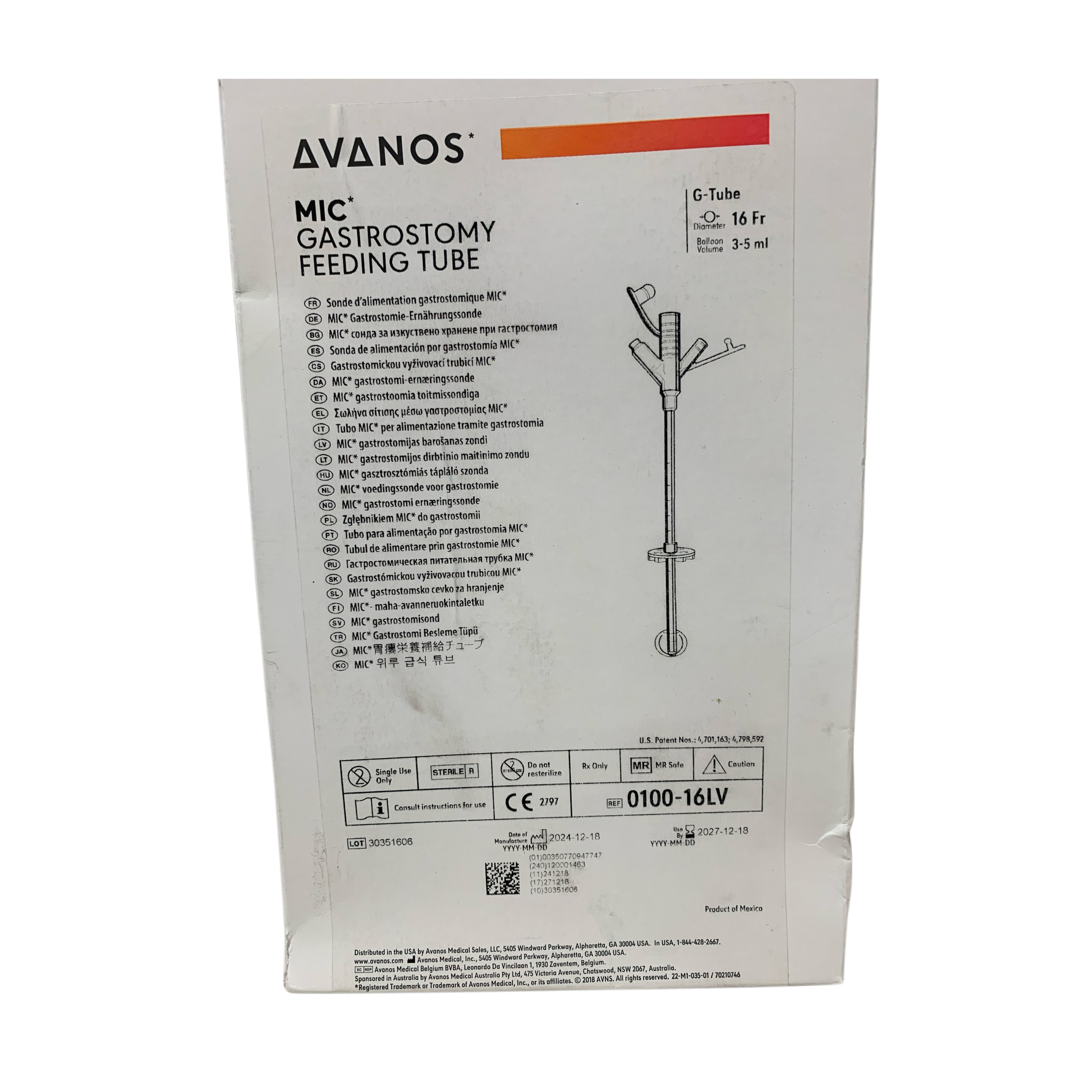 AVANOS REF 0100-16LV MIC Gastrostomy Feeding Tube G-Tube 16 Fr 3-5 mL, Exp.2027/12