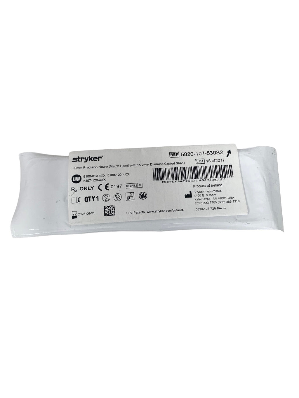 STRYKER REF 5820-107-530S2 3.0mm Precision Neuro (Match Head) with 15.2mm Diamond Coated Shank, EXP.2023-06