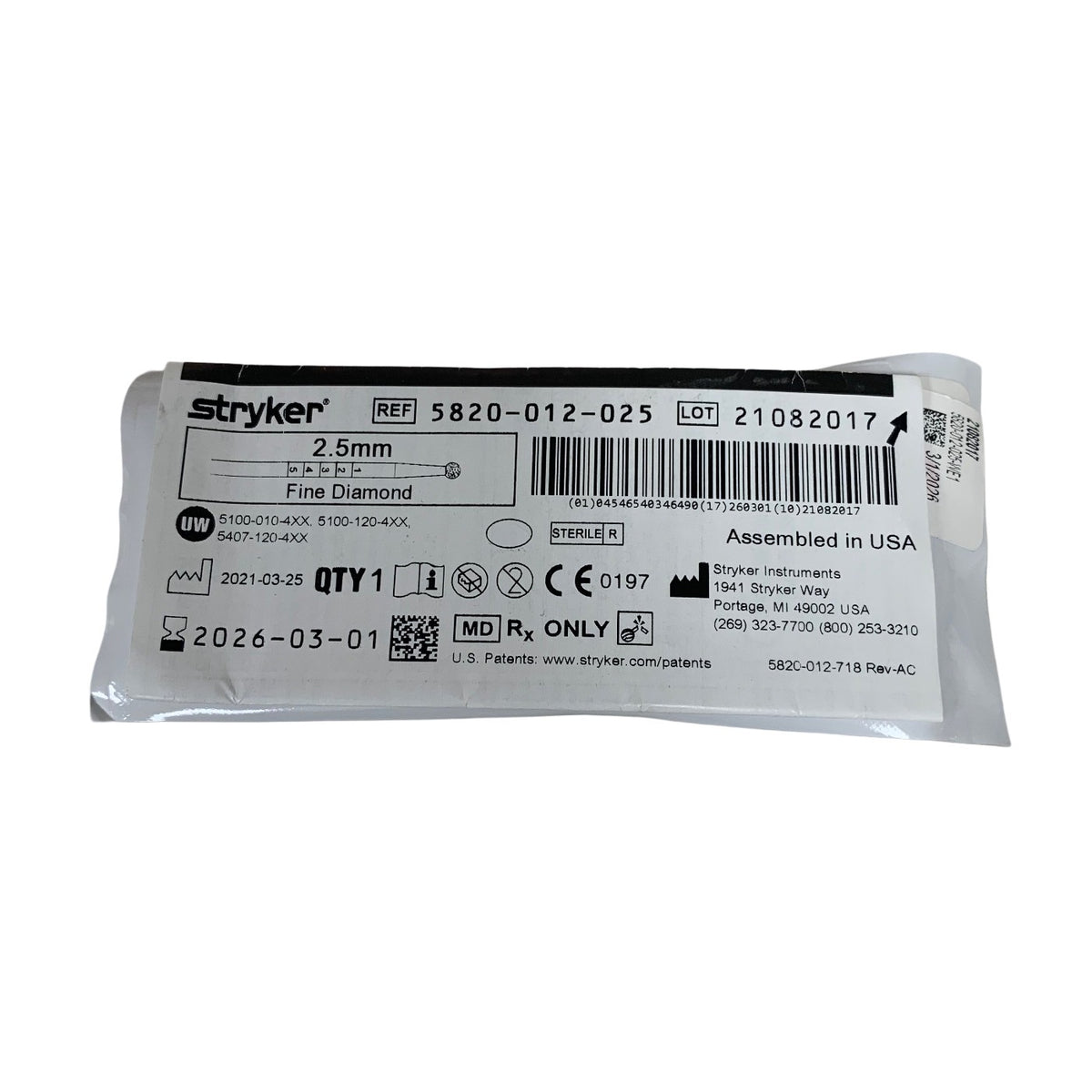 STRYKER 5820-012-025 2.5mm Fine Diamond Bur Exp 2026 03