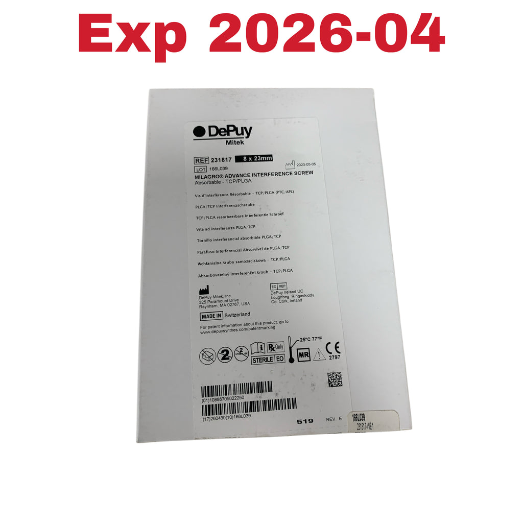 DEPUY MITEK 231817 Milagro Advance Interference Screw Absorbable TCP/PLGA 8 x 23mm Exp 2026 04
