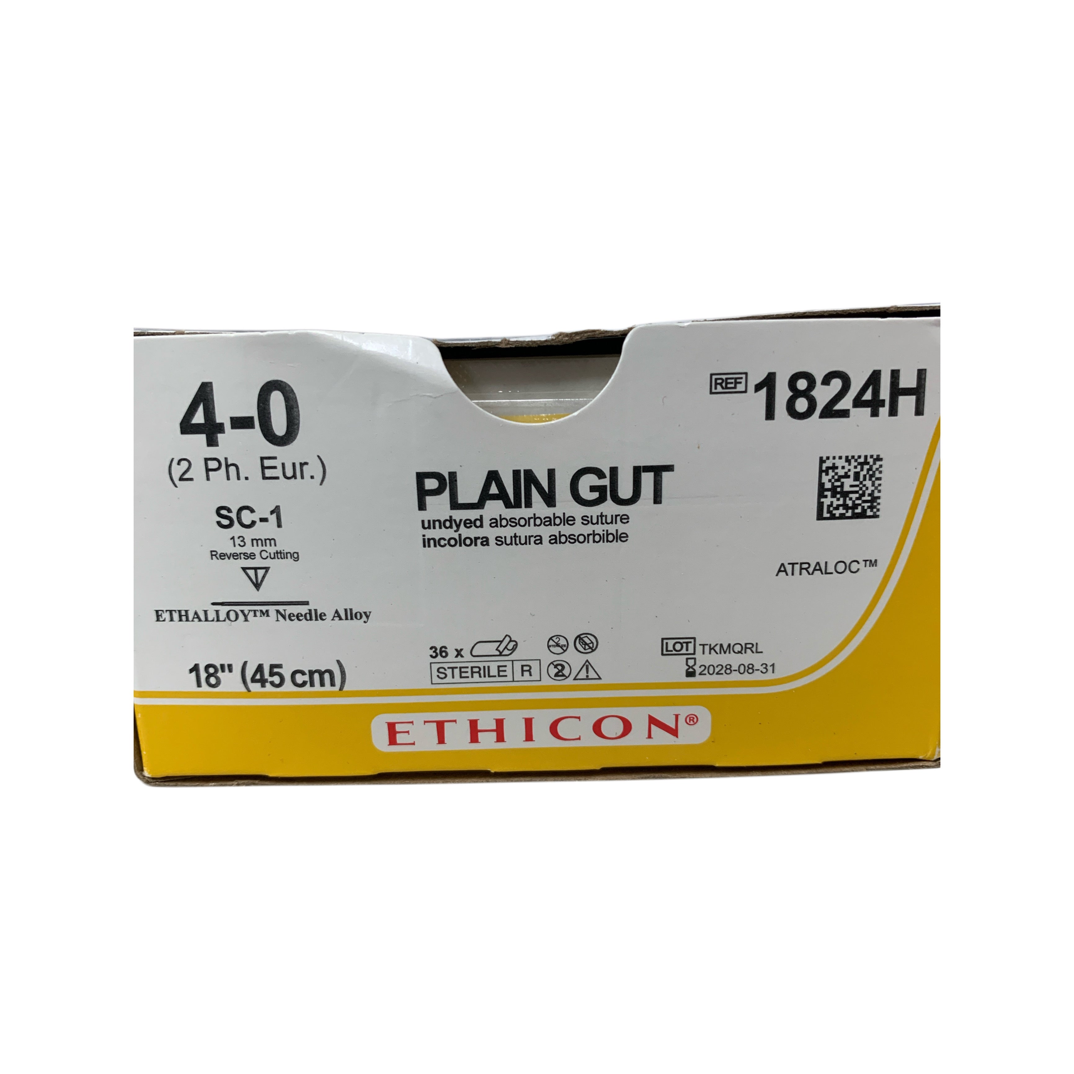 ETHICON REF 1824H Plain Gut Absorbable Suture 4-0 SC-1 Needle Box of 36, Exp.2028/08