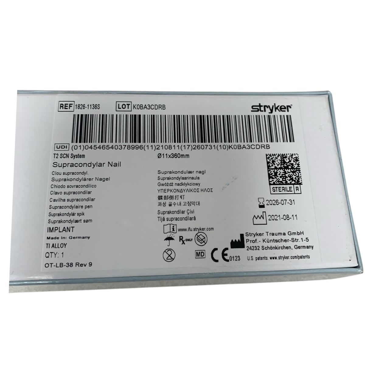 STRYKER 1826-1136S T2 SCN System Supracondylar Nail 11x360mm Exp 2026 07