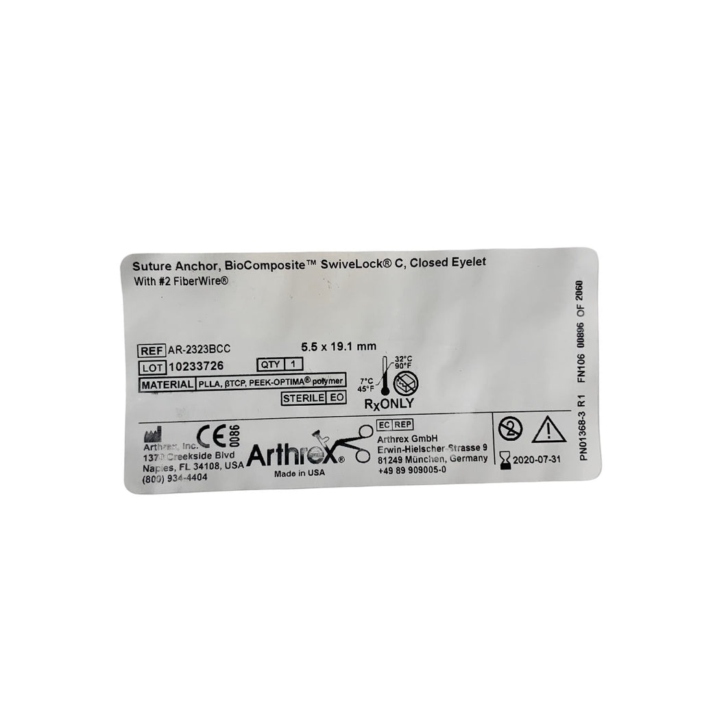 ARTHREX AR-2323BCC Suture Anchor BioComposite SwiveLock C Closed Eyelet With 2 FiberWire 5.5 x 19.1 mm Exp 2020 07