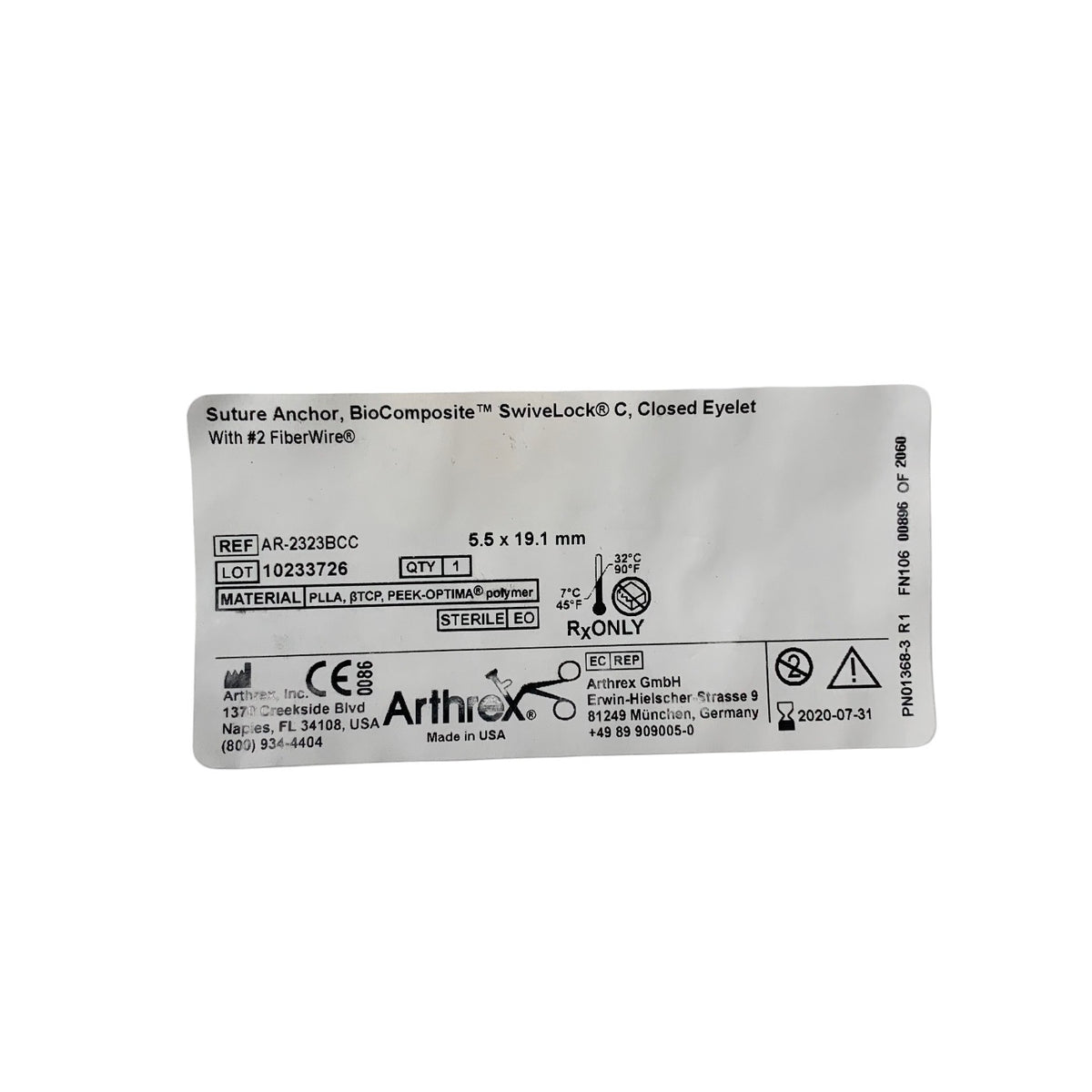 ARTHREX AR-2323BCC Suture Anchor BioComposite SwiveLock C Closed Eyelet With 2 FiberWire 5.5 x 19.1 mm Exp 2020 07