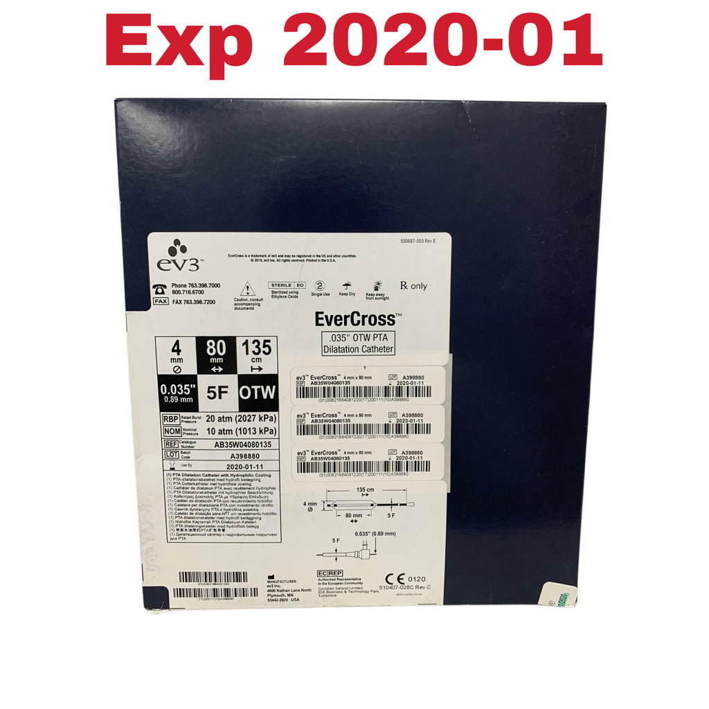 EV3 COVIDIEN AB35W04080135 EverCross .035" OTW PTA Dilatation Catheter 4 mm x 80 mm 135 cm 5F Exp 2020 01