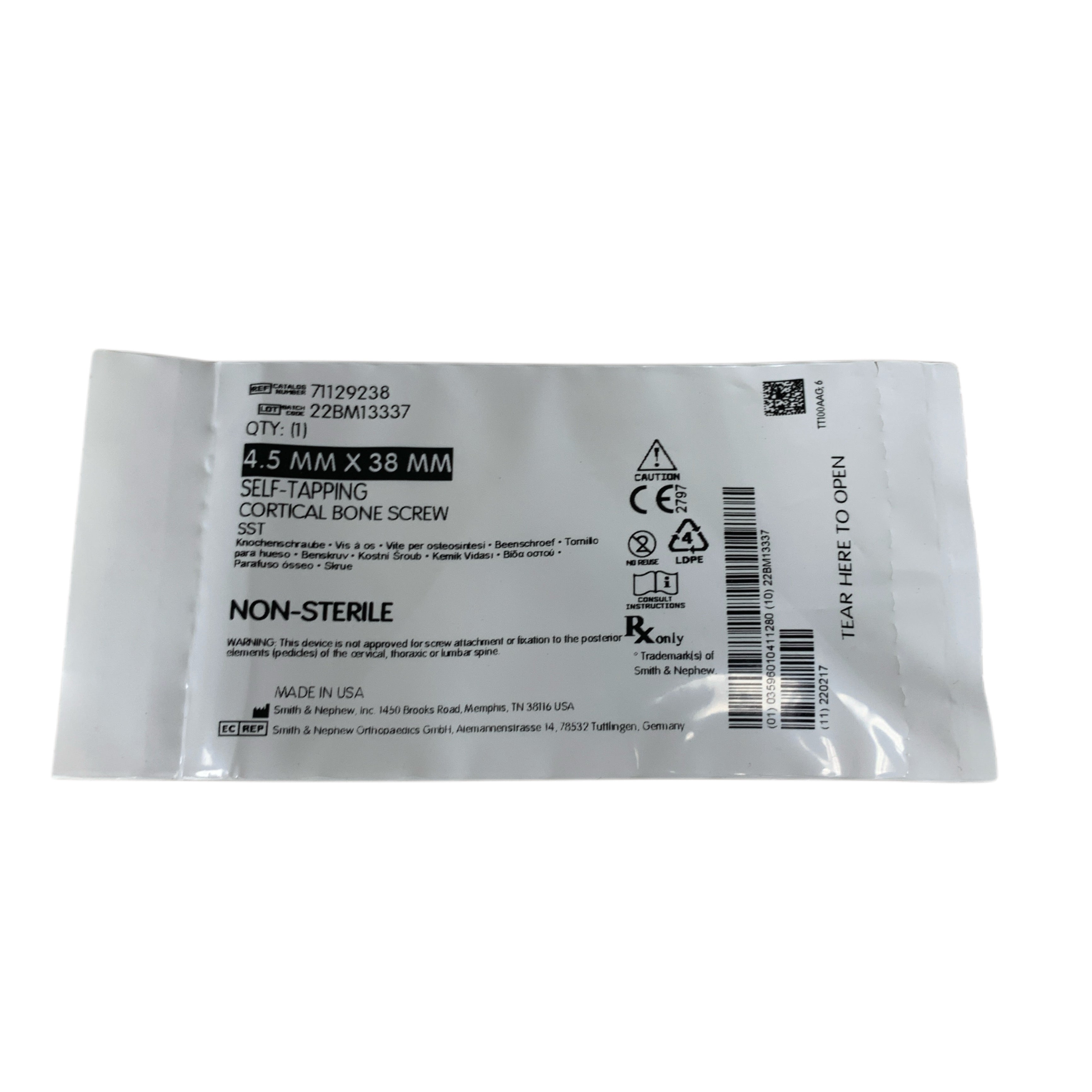 SMITH & NEPHEW 71129238 4.5 MM X 38 MM Self Tapping Cortical Bone Screw SST Non Sterile