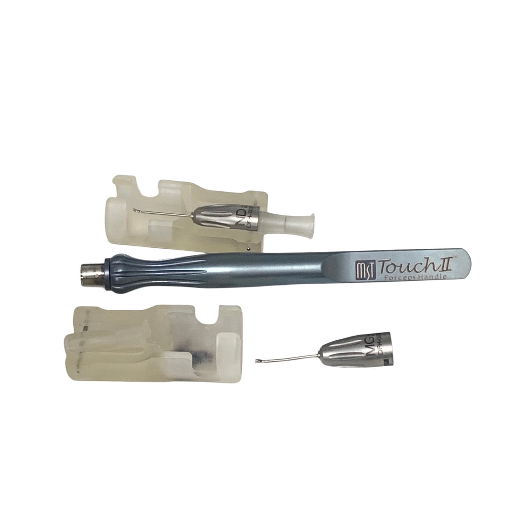 MST REF DFH-0009 & DFH-0026, 23g Ahmed Micro-Graspers, Curved & 23g Ahmed Needle Driver, Straight With Forceps Handle