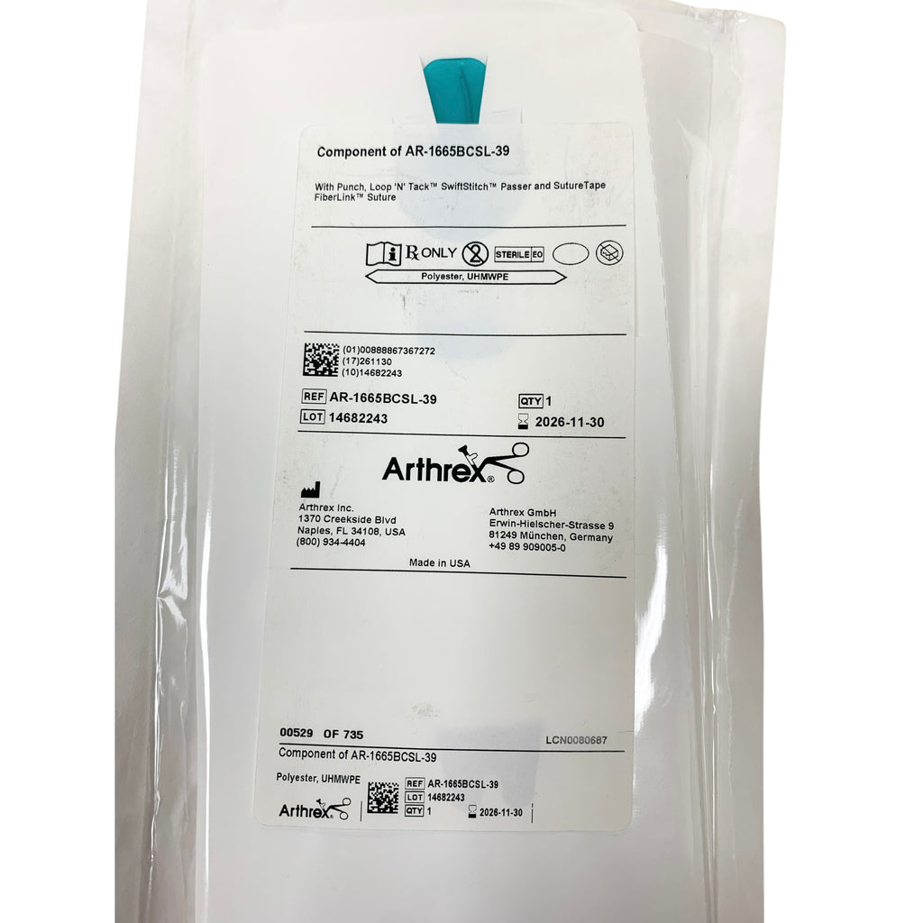 ARTHREX AR-1665BCSL-39 Component Loop 'N' Tack SwiftStitch Suture Passer, Punch & FiberLink SutureTape, Exp.2026/11