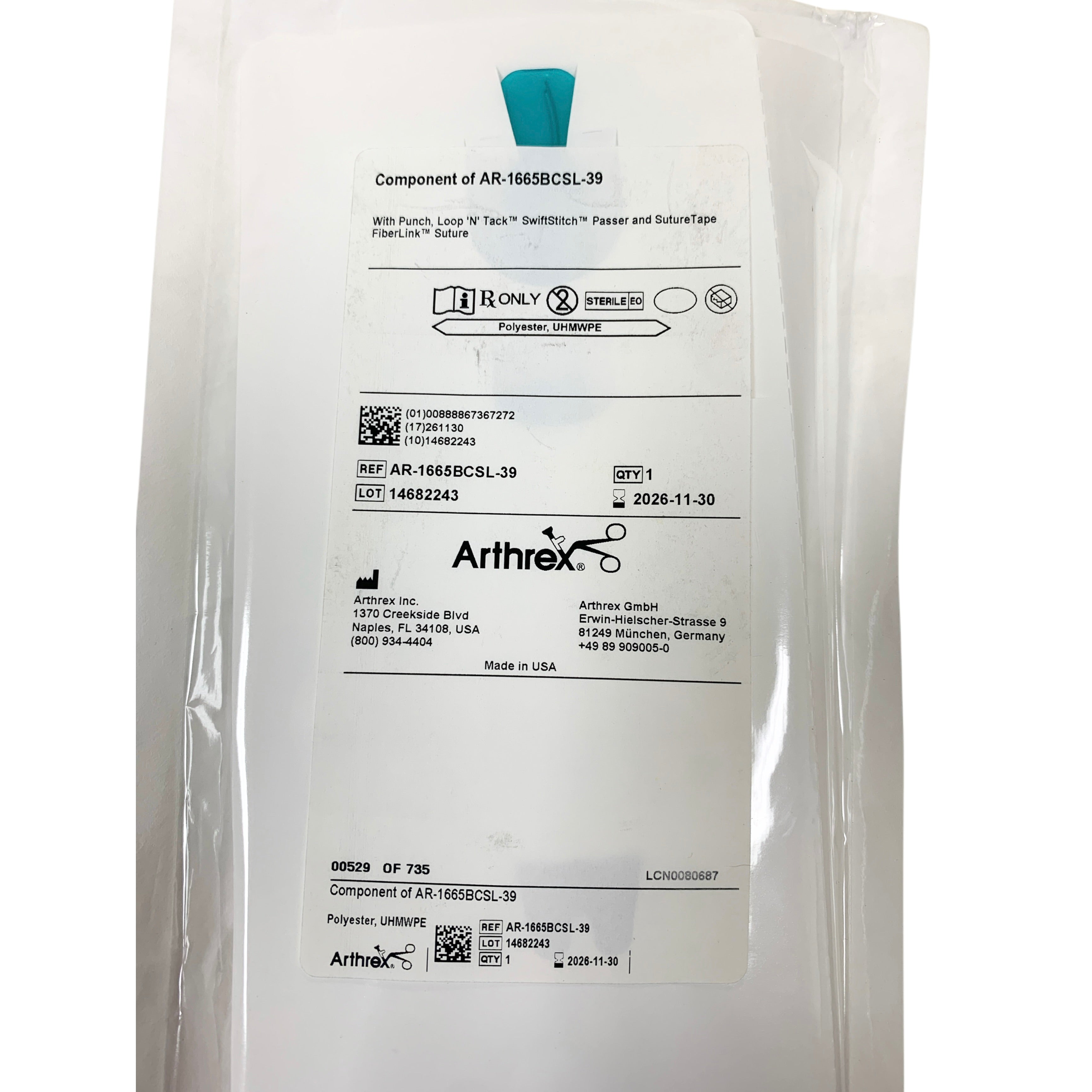 ARTHREX AR-1665BCSL-39 Component Loop 'N' Tack SwiftStitch Suture Passer, Punch & FiberLink SutureTape, Exp.2026/11