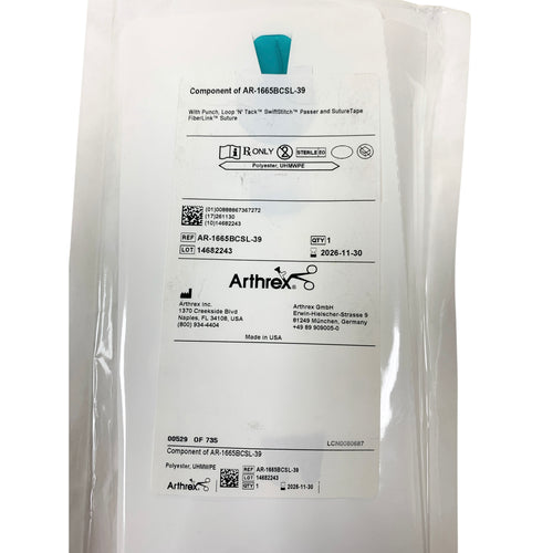 ARTHREX AR-1665BCSL-39 Component Loop 'N' Tack SwiftStitch Suture Passer, Punch & FiberLink SutureTape, Exp.2026/11