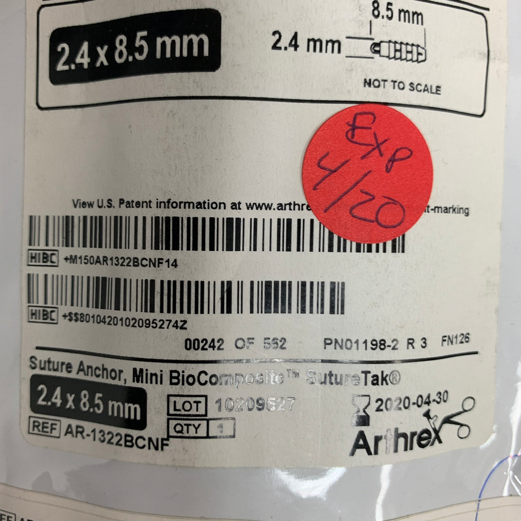 ARTHREX AR-1322BCNF Mini BioComposite SutureTak Suture Anchor 2.4 x 8.5mm, EXP 2020-04